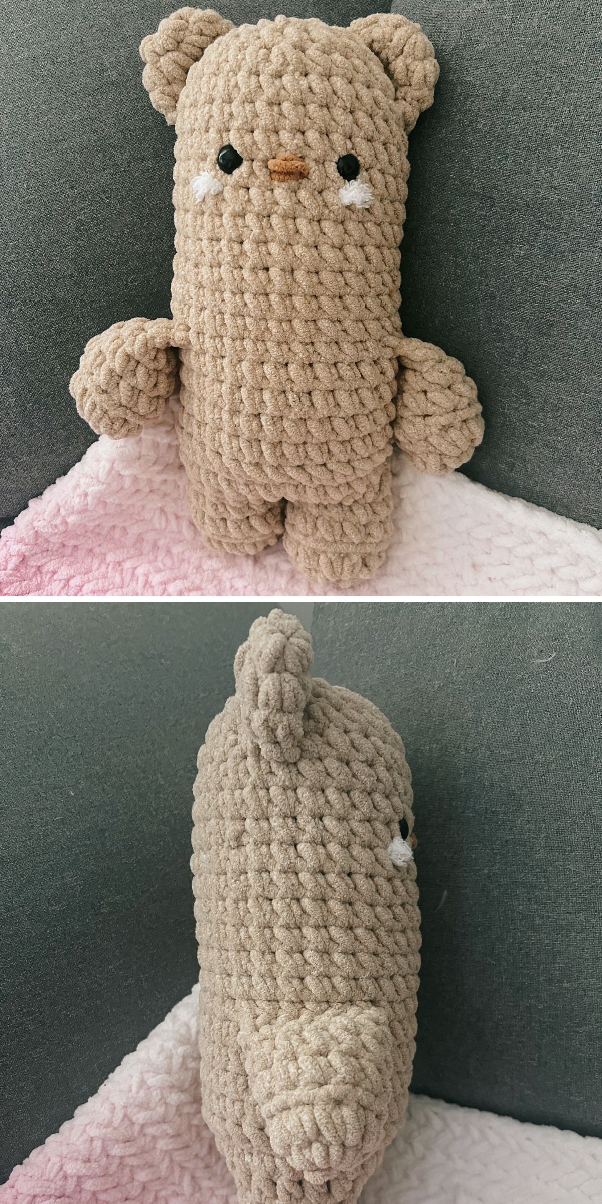 a chunky crochet teddy bear featuring a quirky design