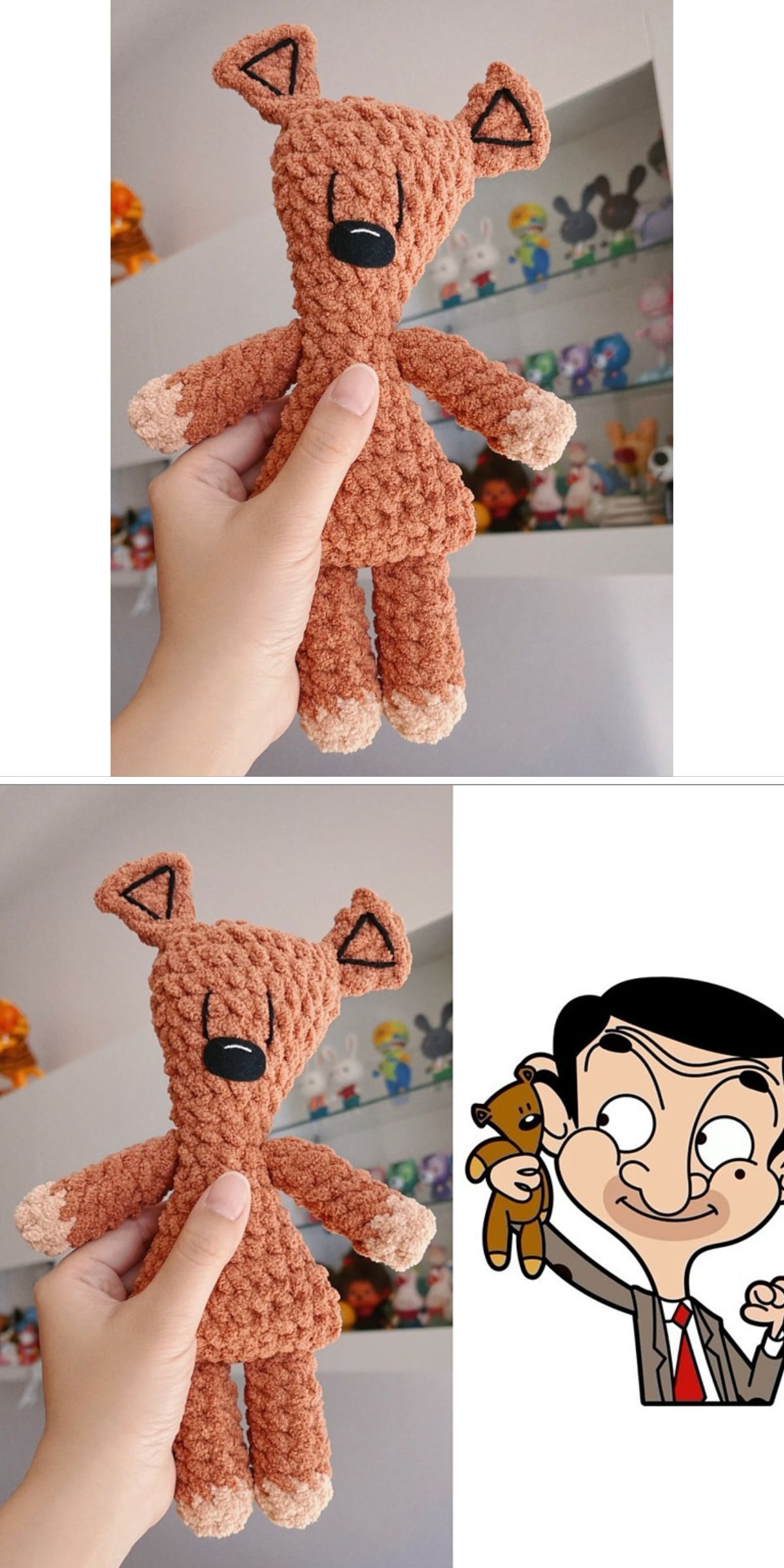 a cute crochet teddy bear inspired by Mr Bean tv show