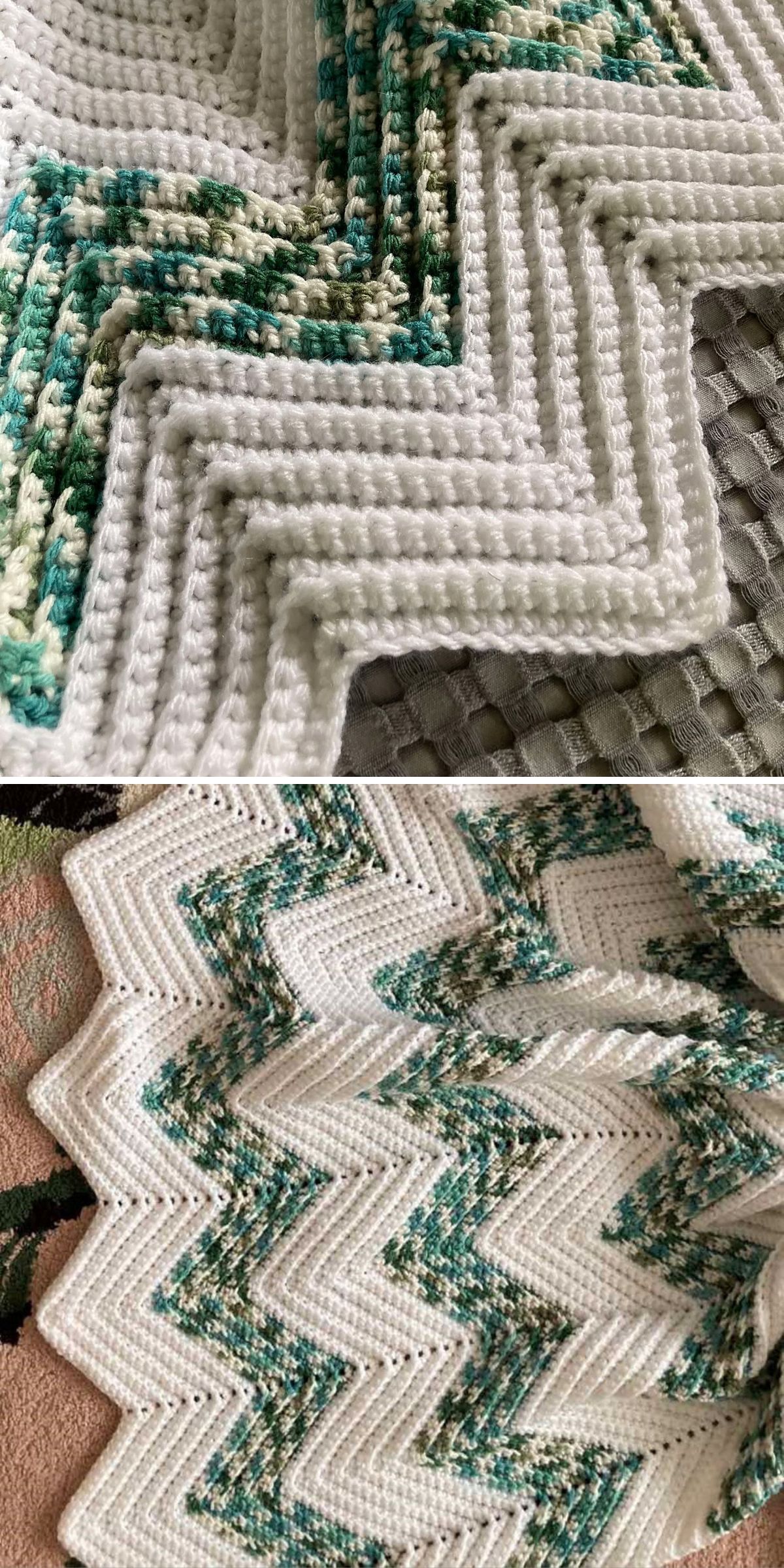 a crochet ripple blanket featuring white and variegated green colors