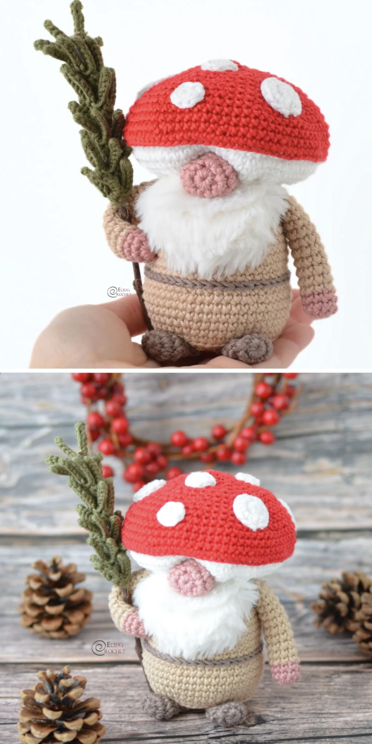 a crochet mushroom gnome amigurumi holding a small twig with leaves