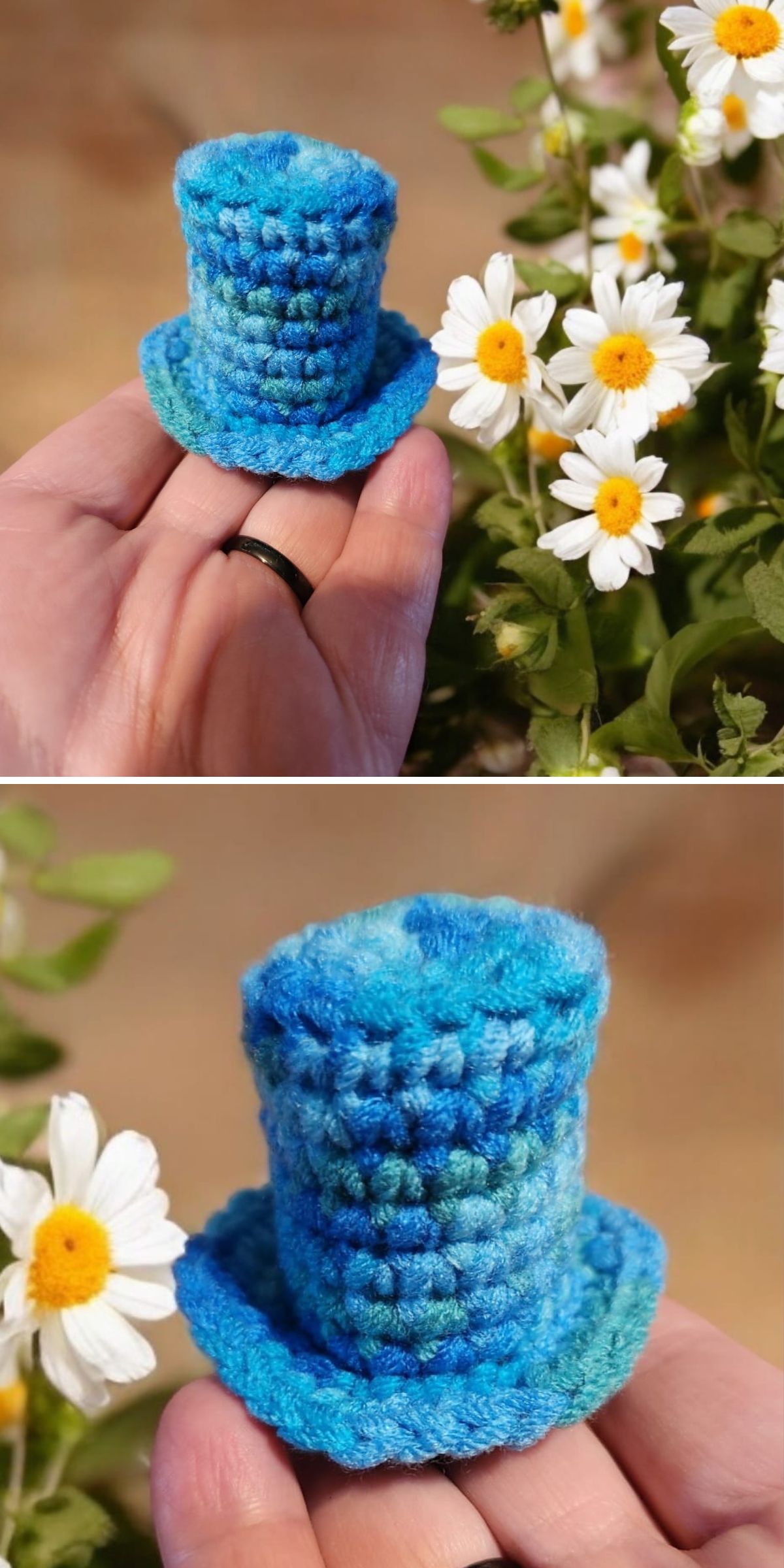 a small blue crochet doll hat 