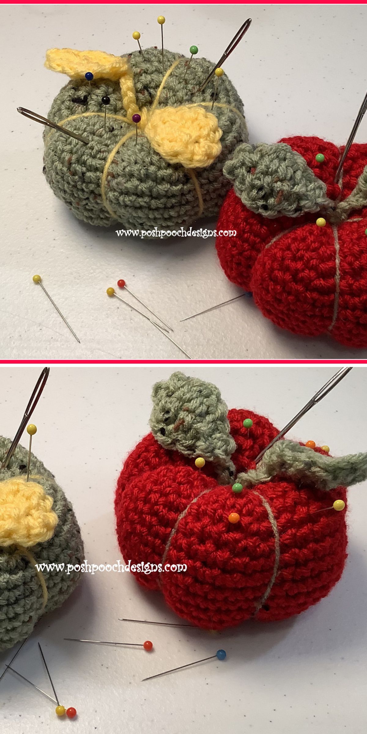 two crochet tomato pincushions