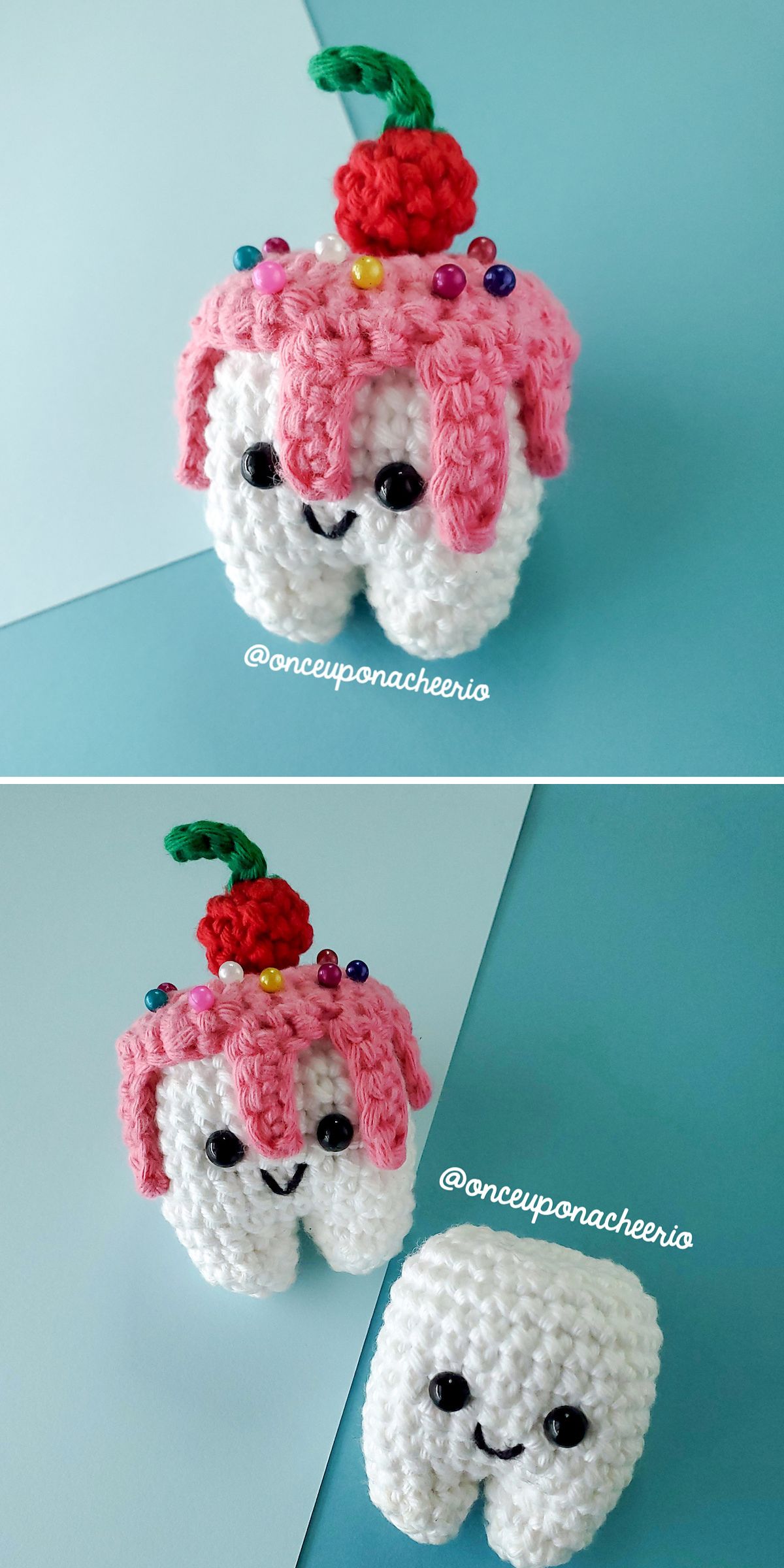 a crochet pincushion shaped like a tooth