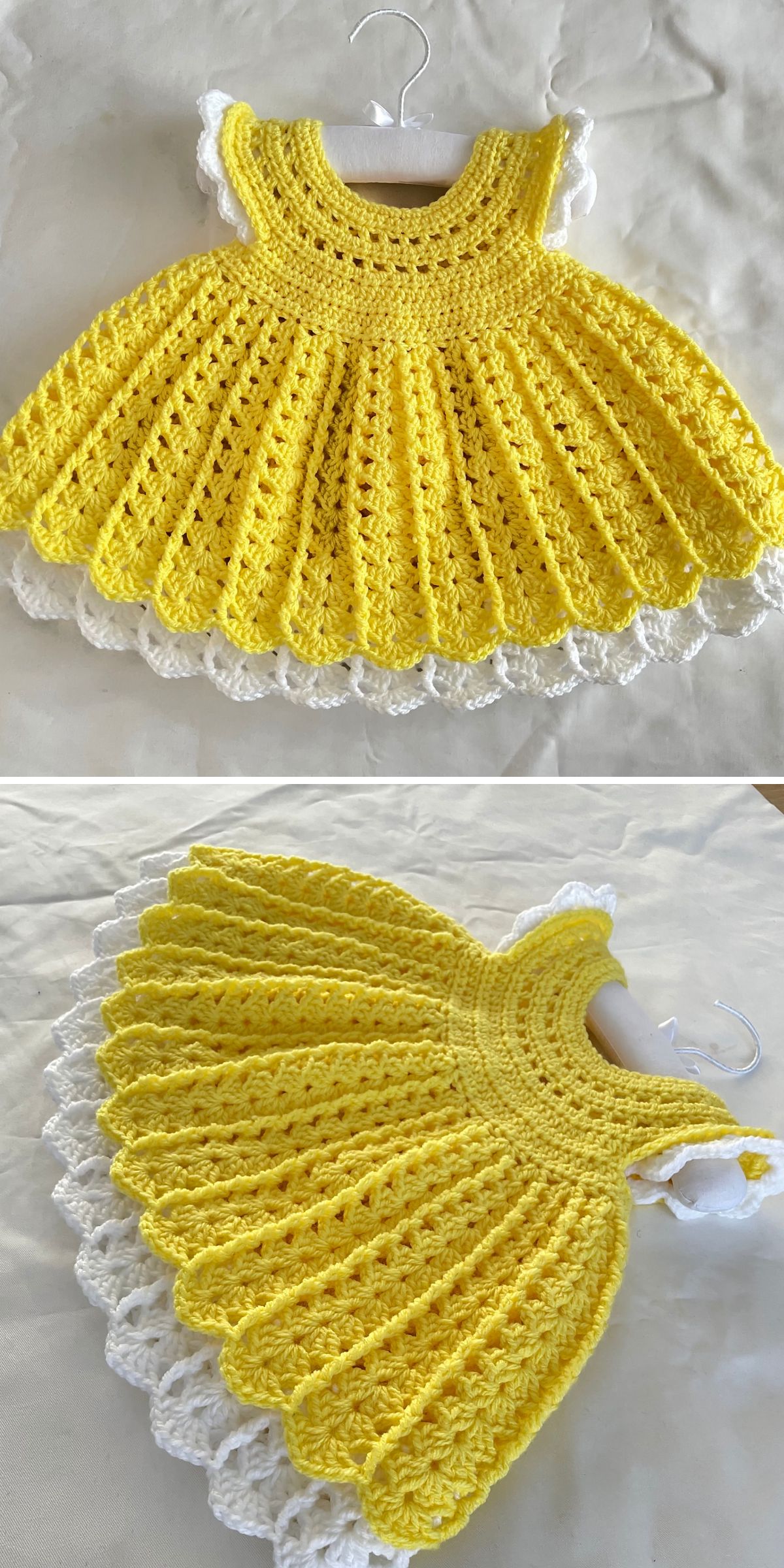 A hand-crocheted yellow baby dress with white scalloped edges, displayed on a hanger and laid flat on a light surface — made using a charming baby dress free crochet pattern.