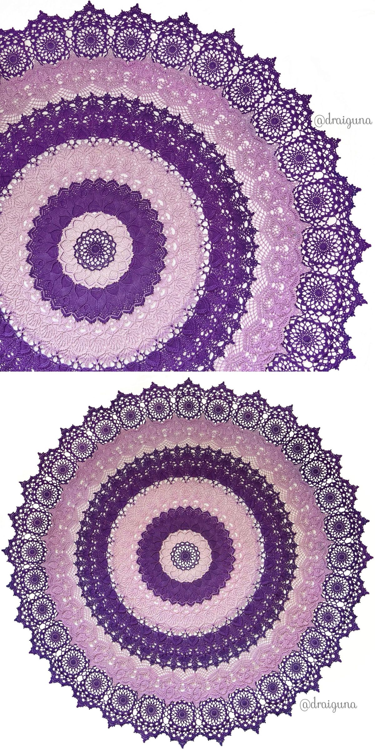 a stunning table crochet doily in purple and violet shades