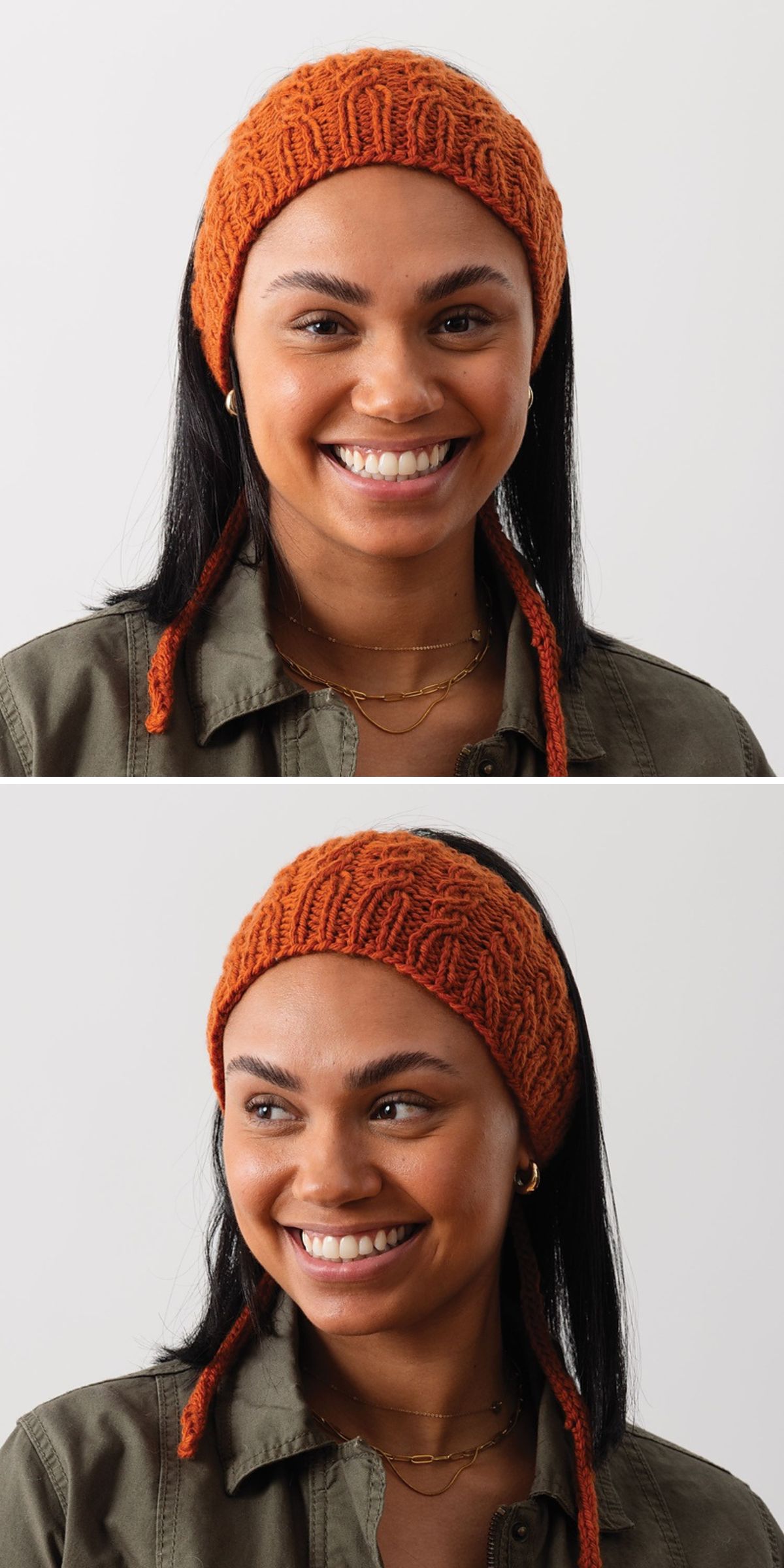 a stylish knitted headband with a cabled design in an orange color and ties at the back 