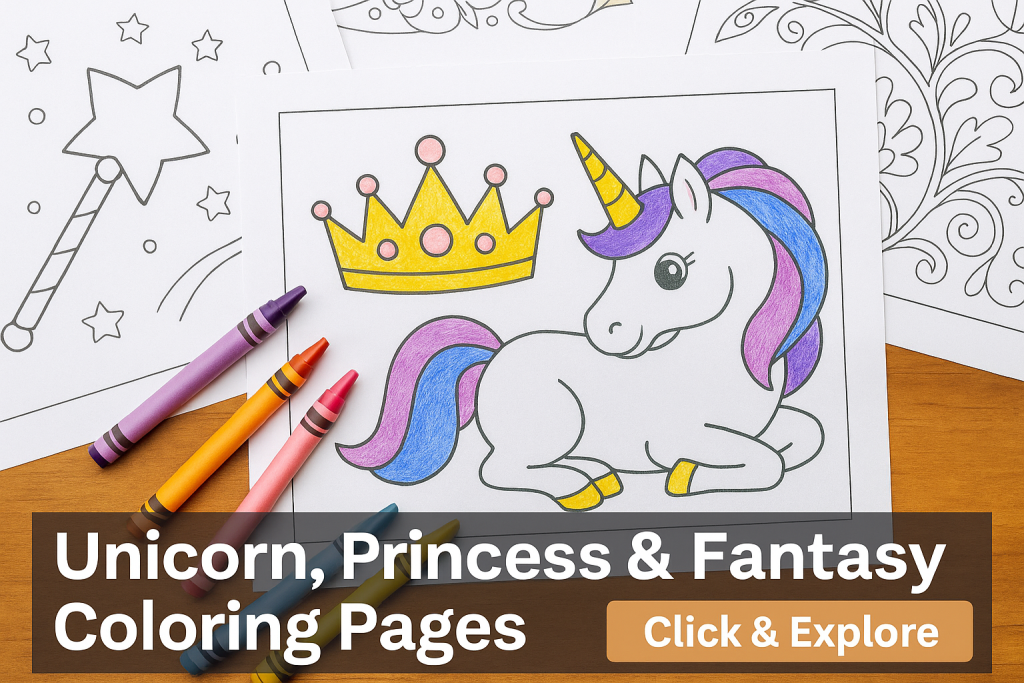 A set of fantasy coloring pages with a unicorn, princess crown, and fairy wand, featuring both colored and uncolored designs