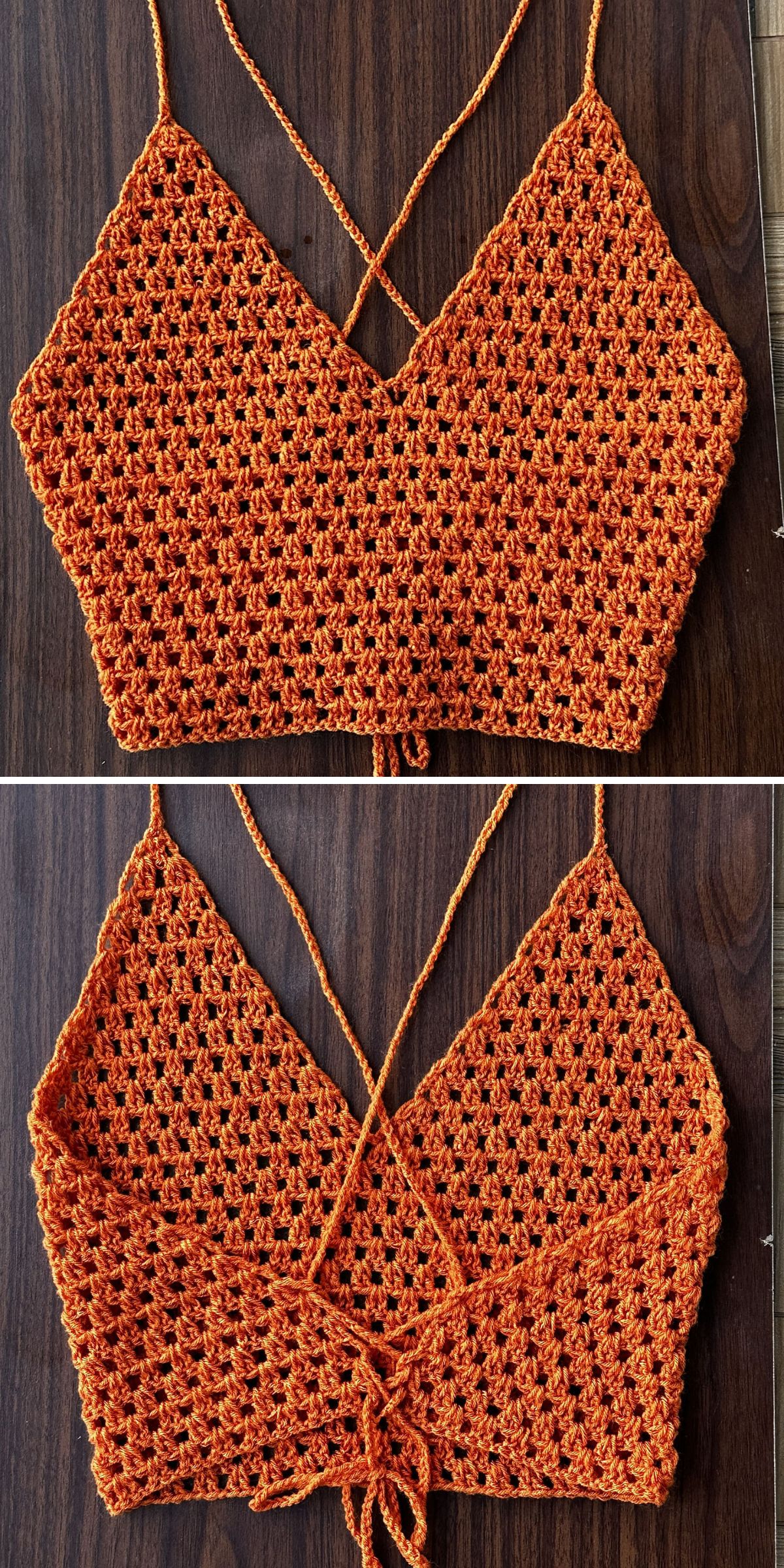 an orange crochet top worked with a granny stitch
