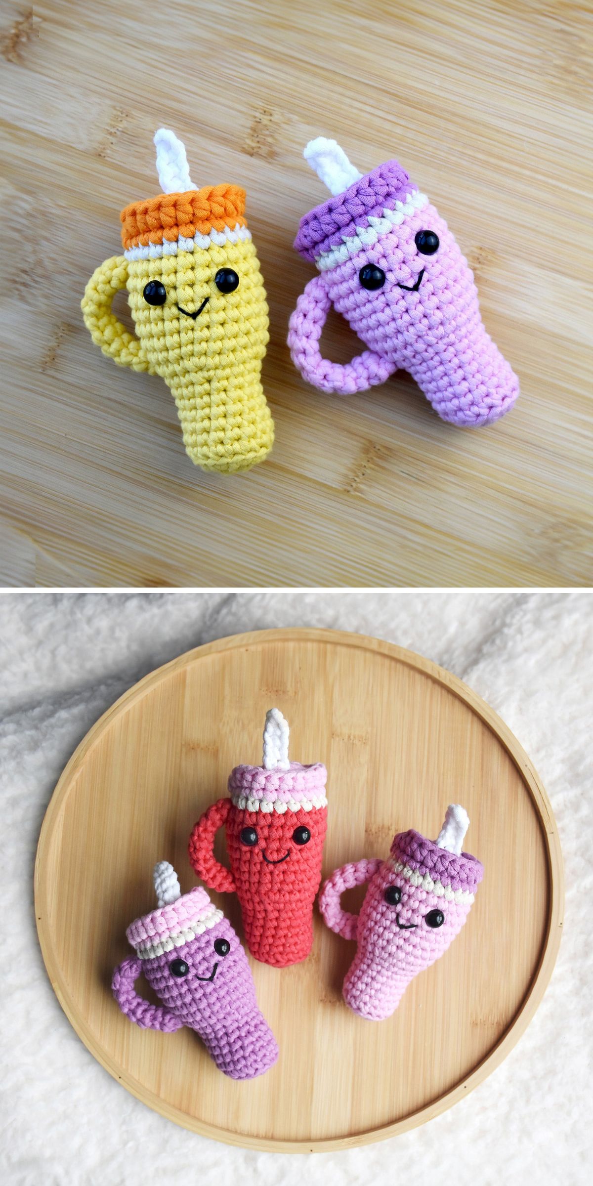 mini crochet Stanley cups with eyes and smiley faces