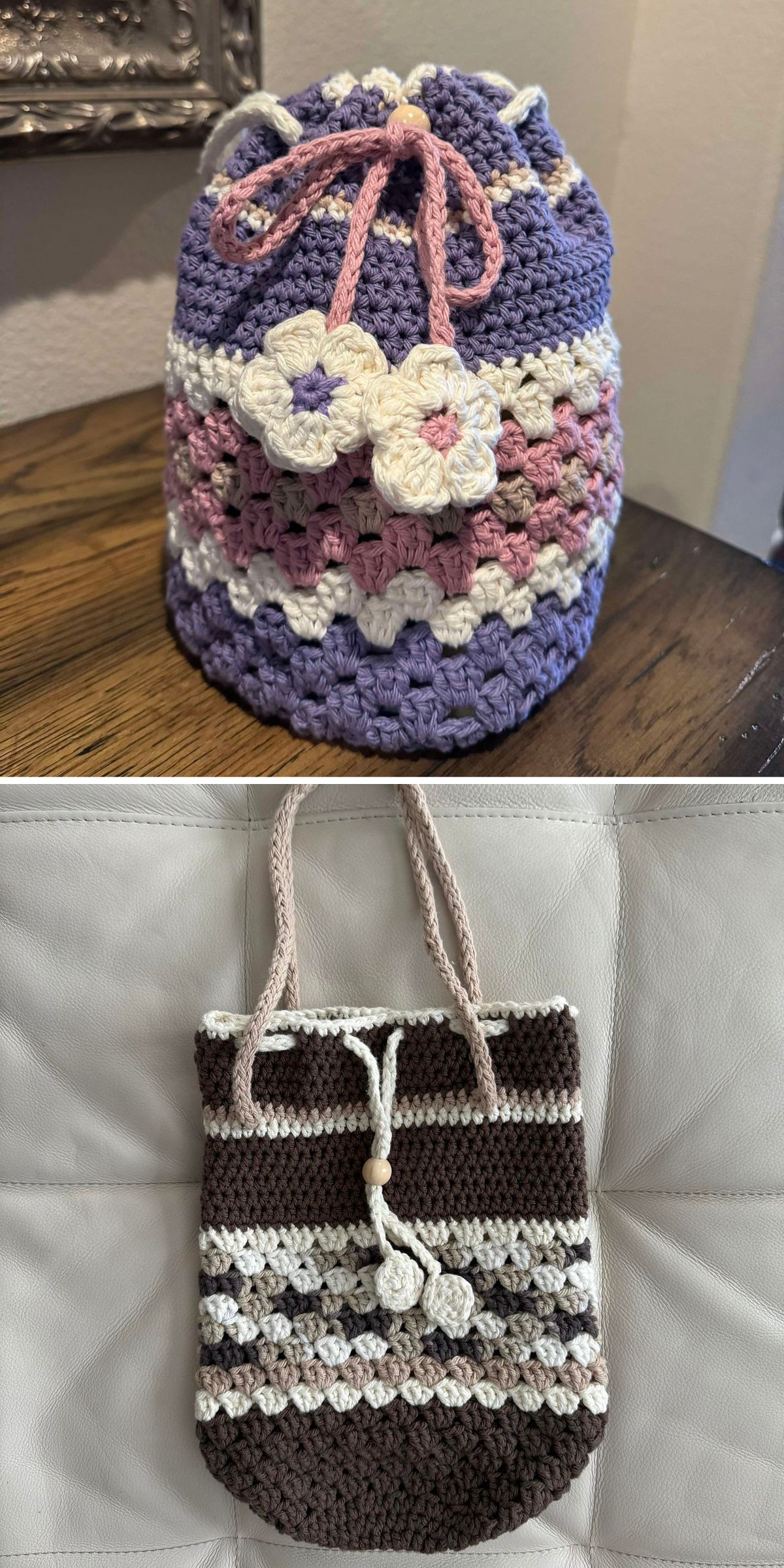 two lovely crochet drawstring bags with flower embellishments