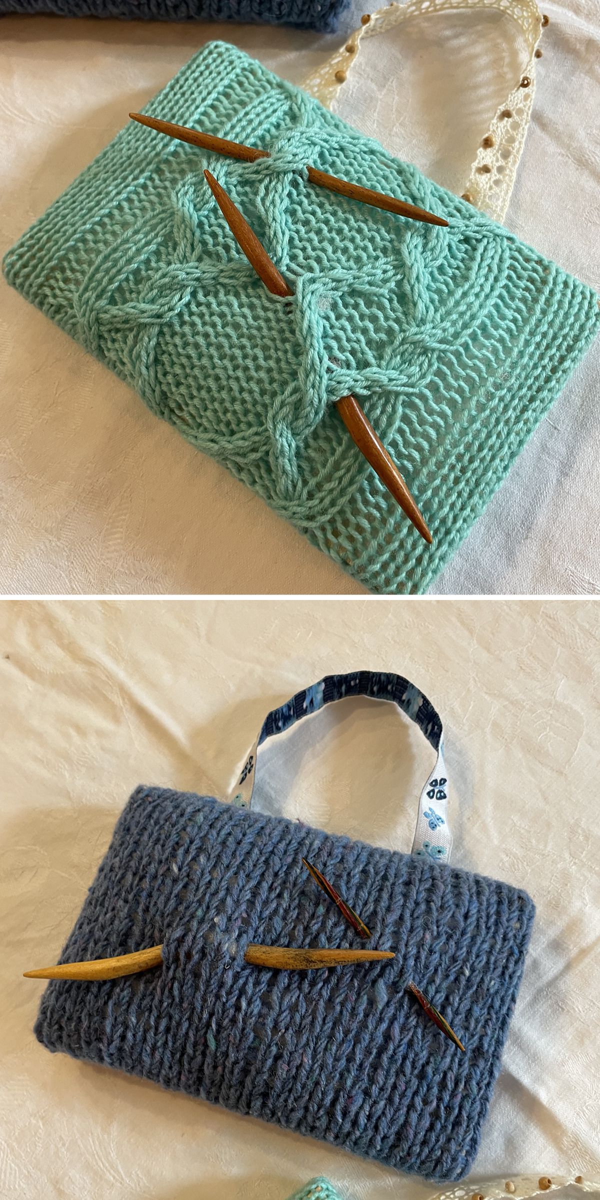 a knitted needle holder with a bold cabled design