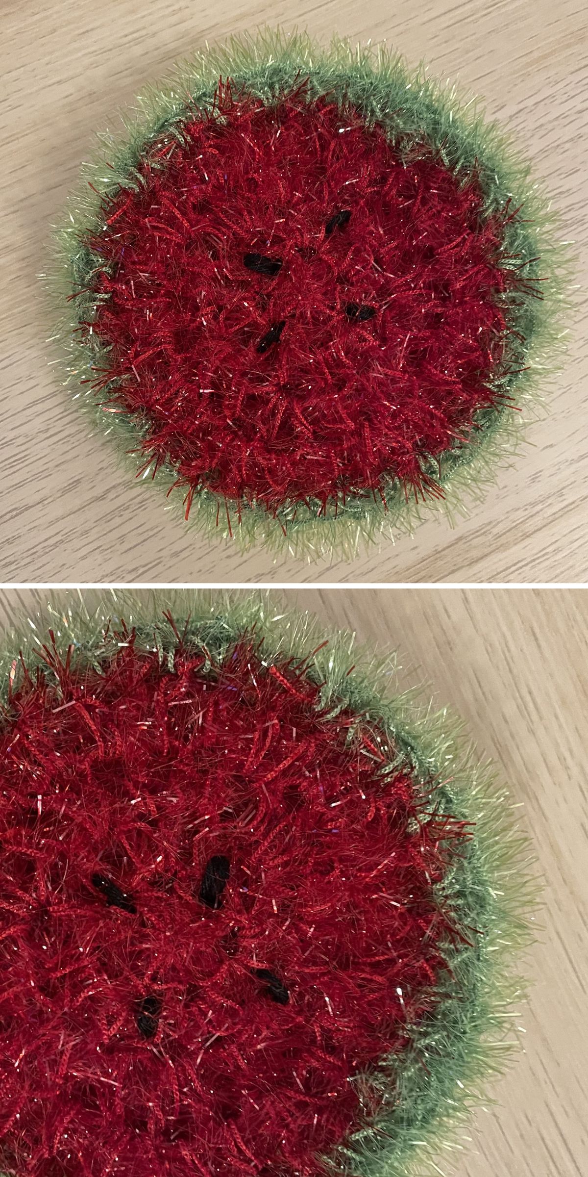 a crochet watermelon scrubber with a fuzzy texture