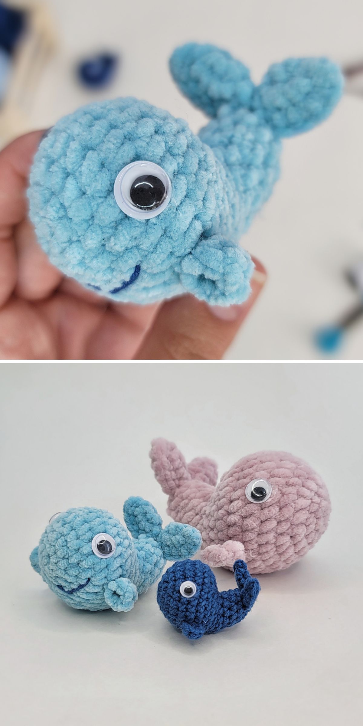 plush crochet whales with big eyes and smiley faces
