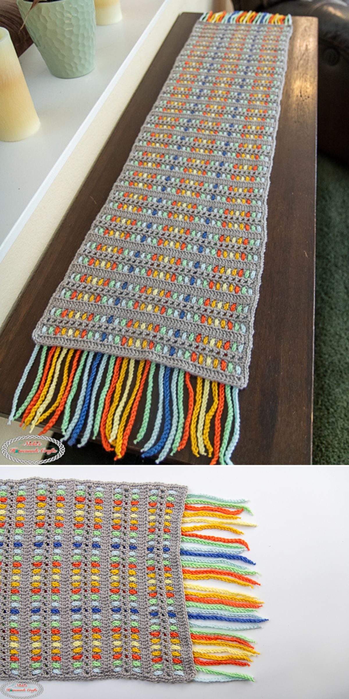 a colorful crochet table runner with tassels