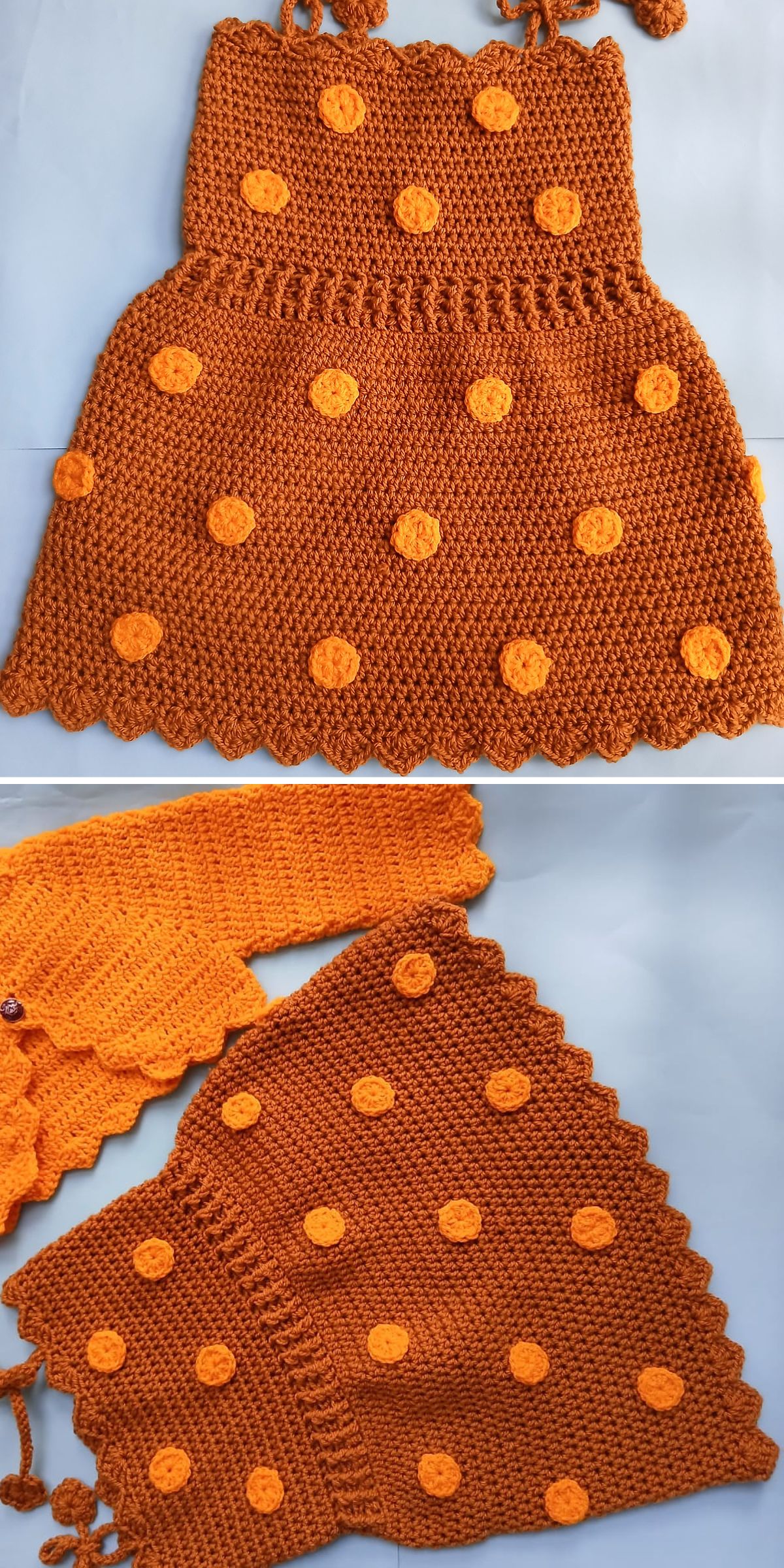 Handmade orange crochet garments, including a charming baby dress free crochet pattern, feature textured polka dots and zigzag edges, displayed flat against a light background.