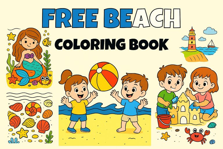 Cover image for Free Beach Coloring Book featuring kids playing with a beach ball, building a sandcastle, a smiling mermaid, seashells, and a lighthouse – fun printable coloring pages for kids