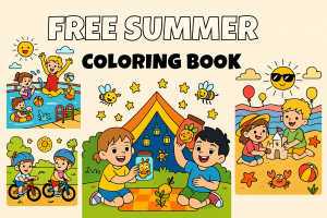 Colorful preview of the Free Summer Coloring Book with kids riding bikes, playing at the beach, camping under the stars, and splashing in a pool – fun printable summer coloring pages for kids