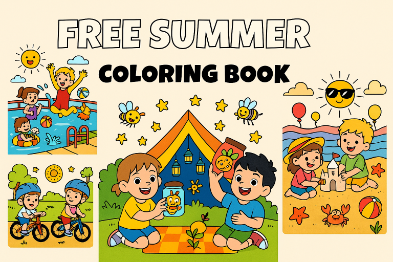 Colorful preview of the Free Summer Coloring Book with kids riding bikes, playing at the beach, camping under the stars, and splashing in a pool – fun printable summer coloring pages for kids