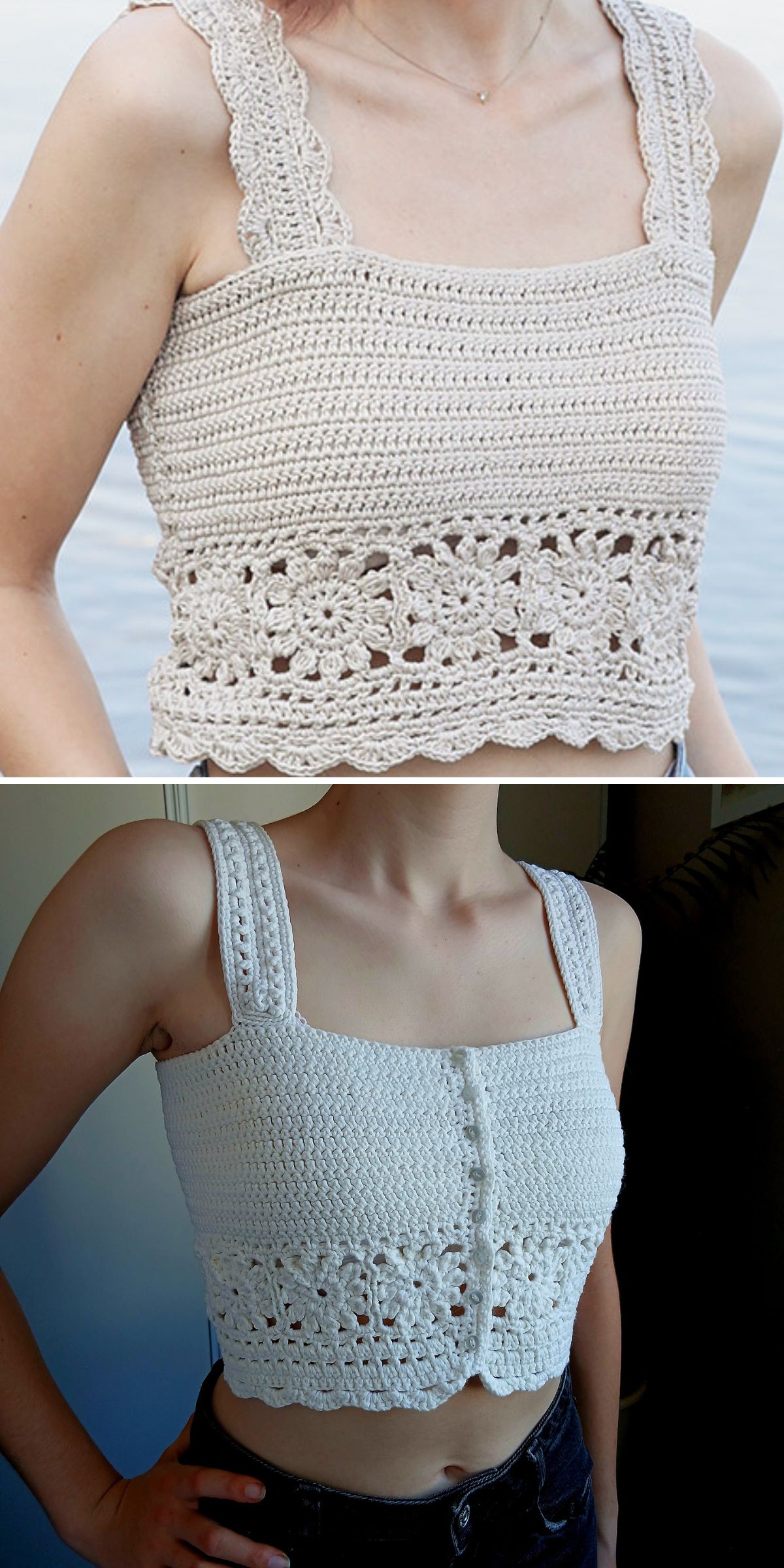 a vinatge styled crochet crop top with flower granny square bottom and cream colorway