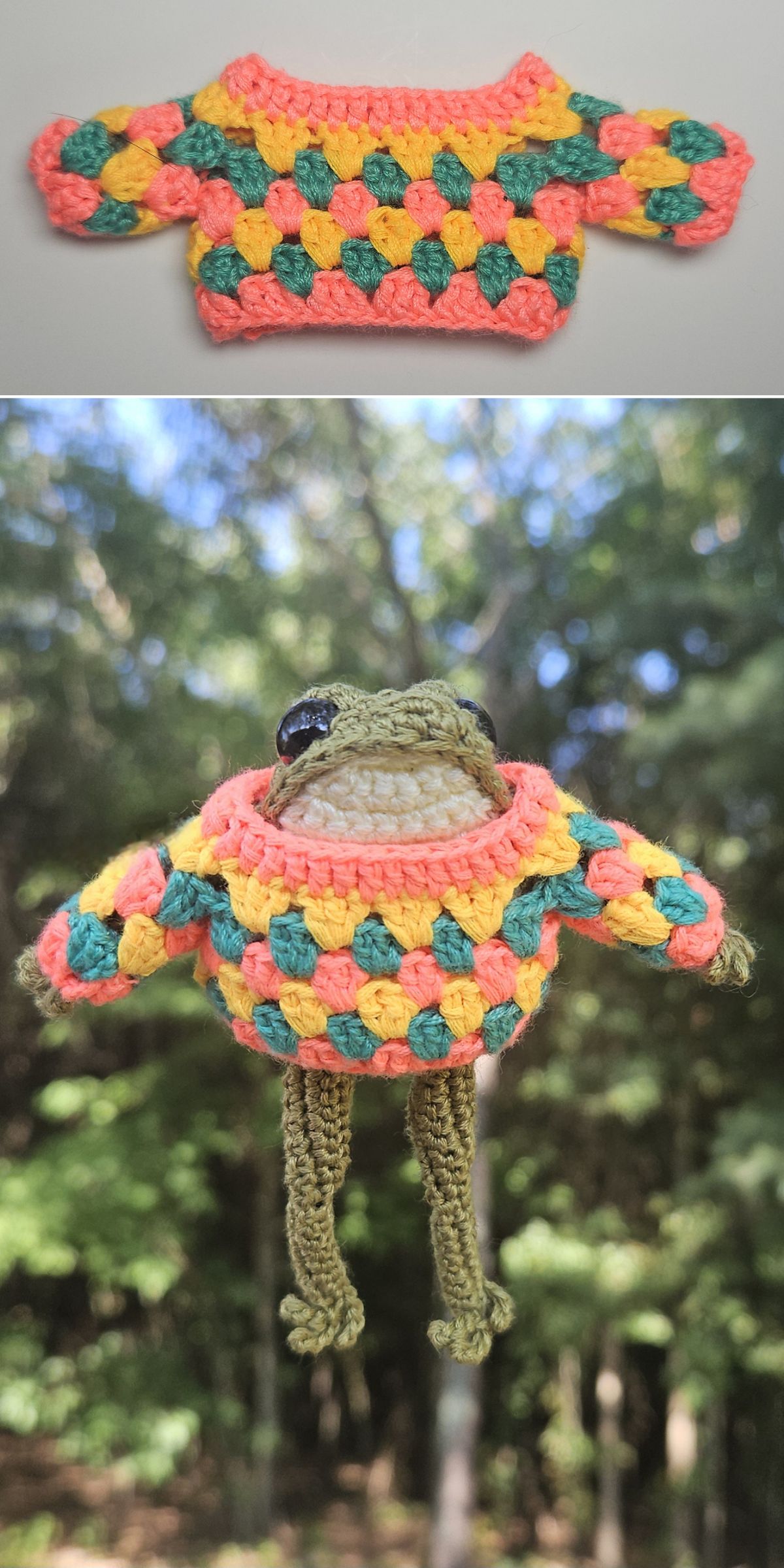 A small, colorful crocheted sweater, perfect as crochet doll clothes, is shown alone, then worn by a stuffed frog in an outdoor setting.
