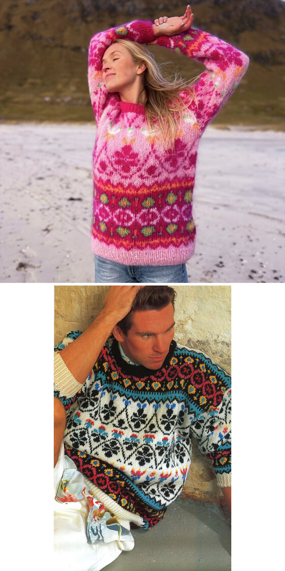 a knit sweater featuring a colorful design with multiple motifs