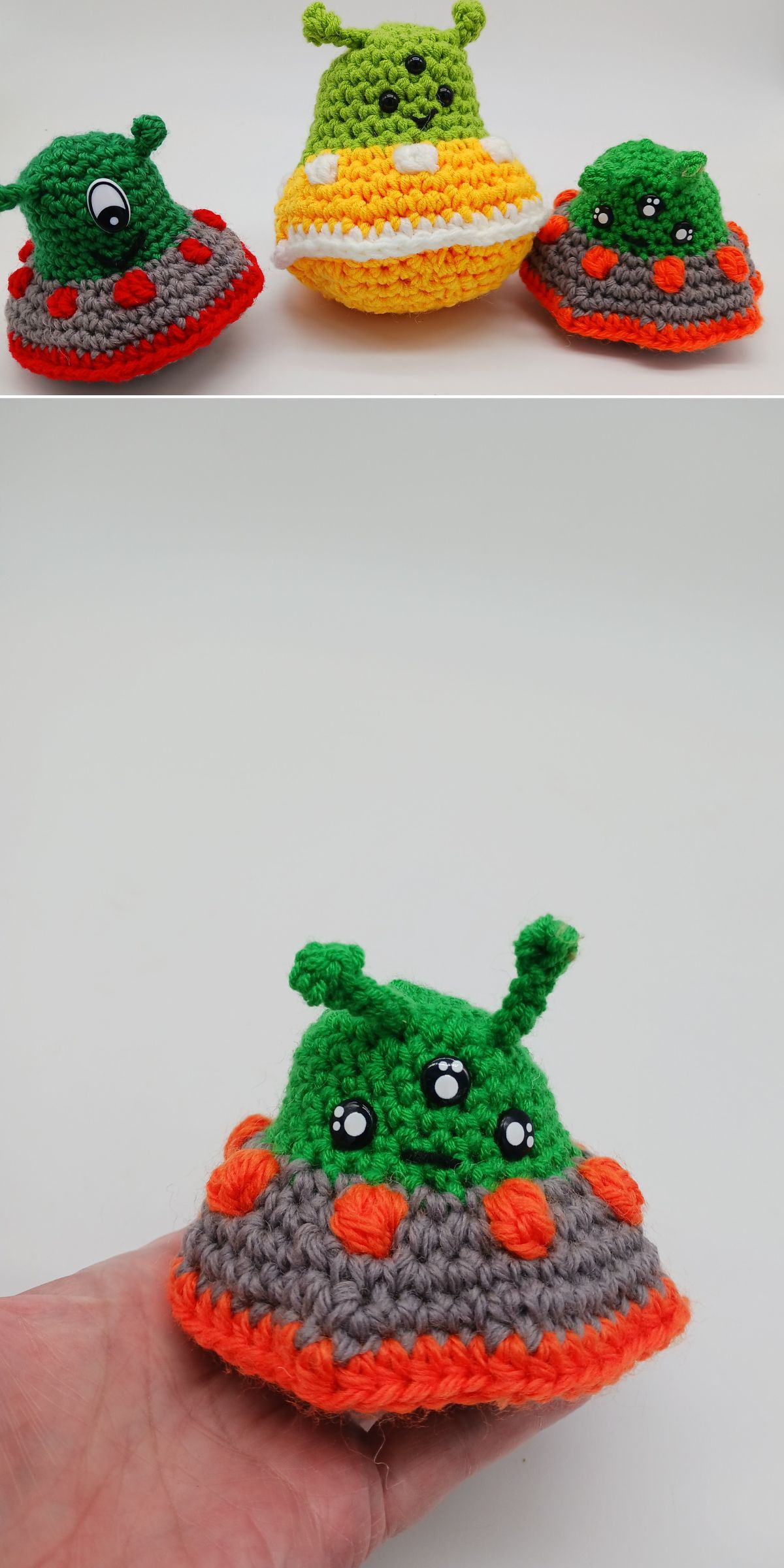 Three colorful, crocheted baby alien amigurumi in spaceships are shown; one is held in a hand, displaying its green alien figure with antennae and bright eyes.