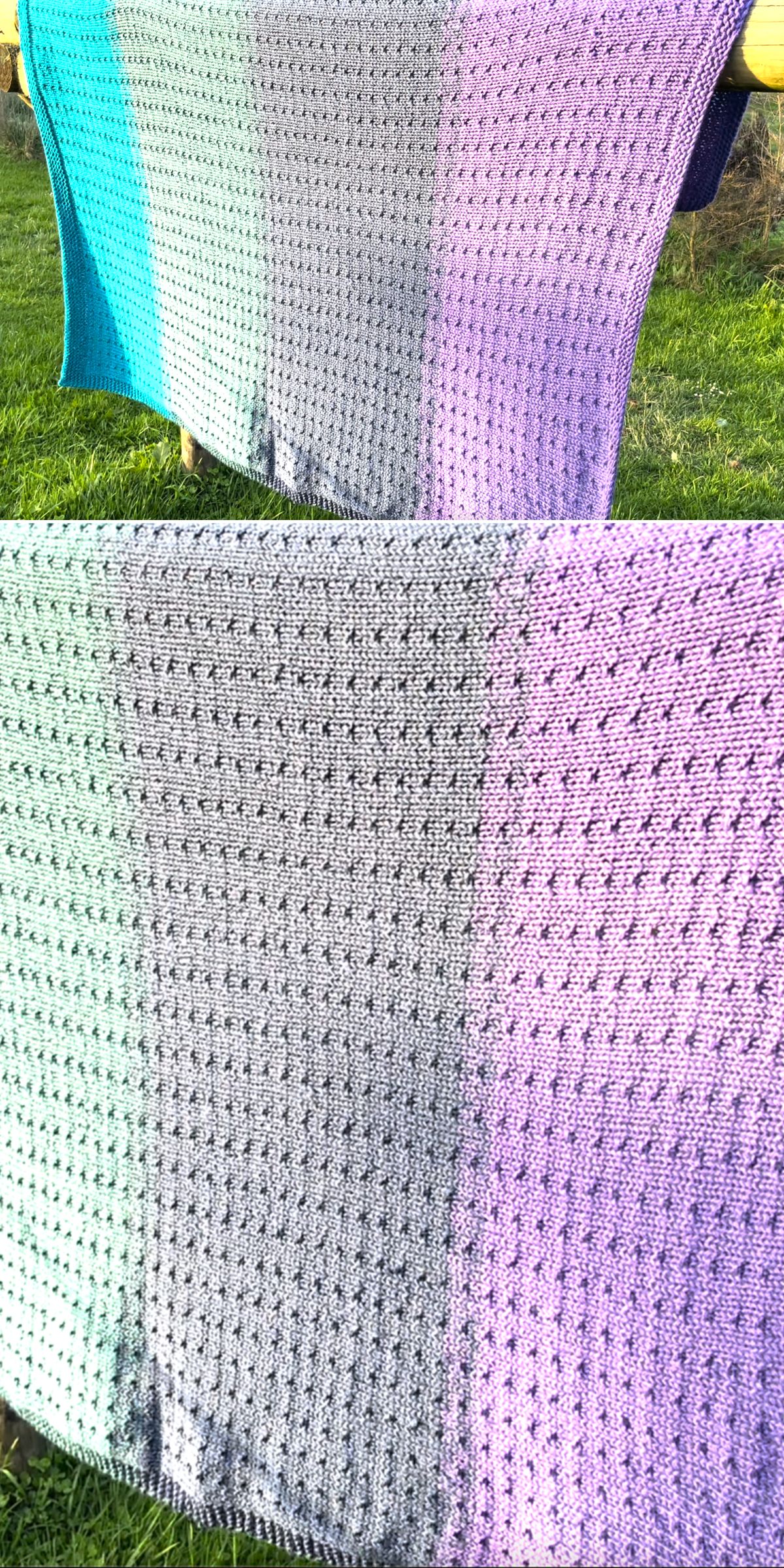 a light knitted blanket with open stitch fabric in gradient colorway