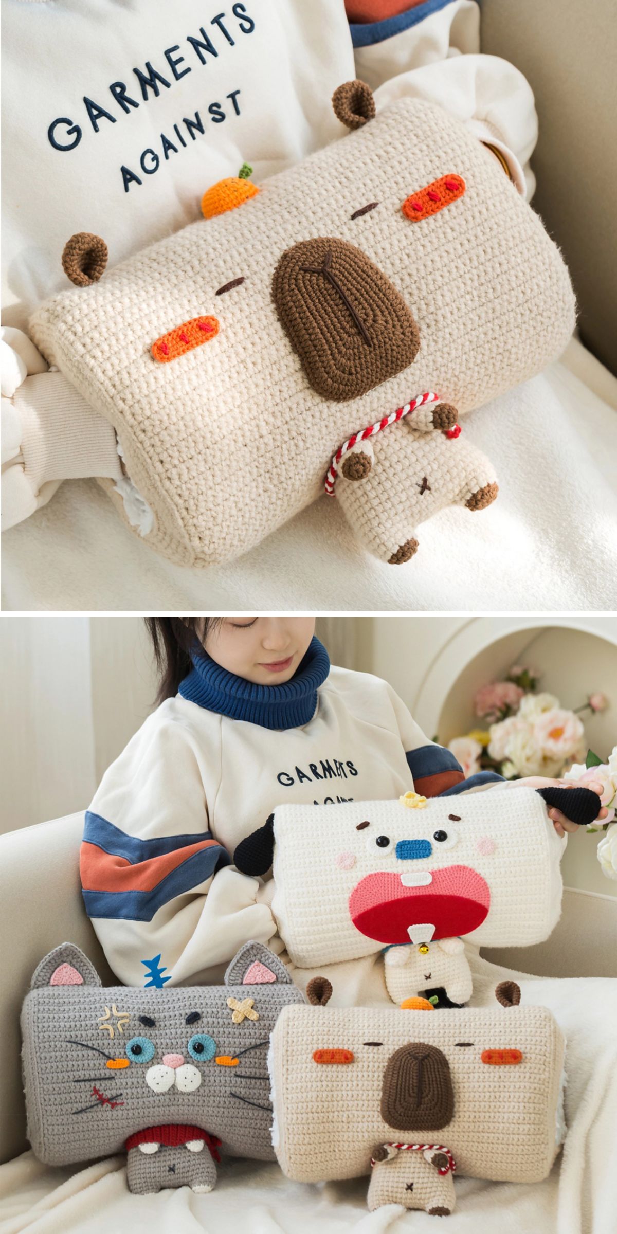 hand warmer crochet pillows with animal-themed designs