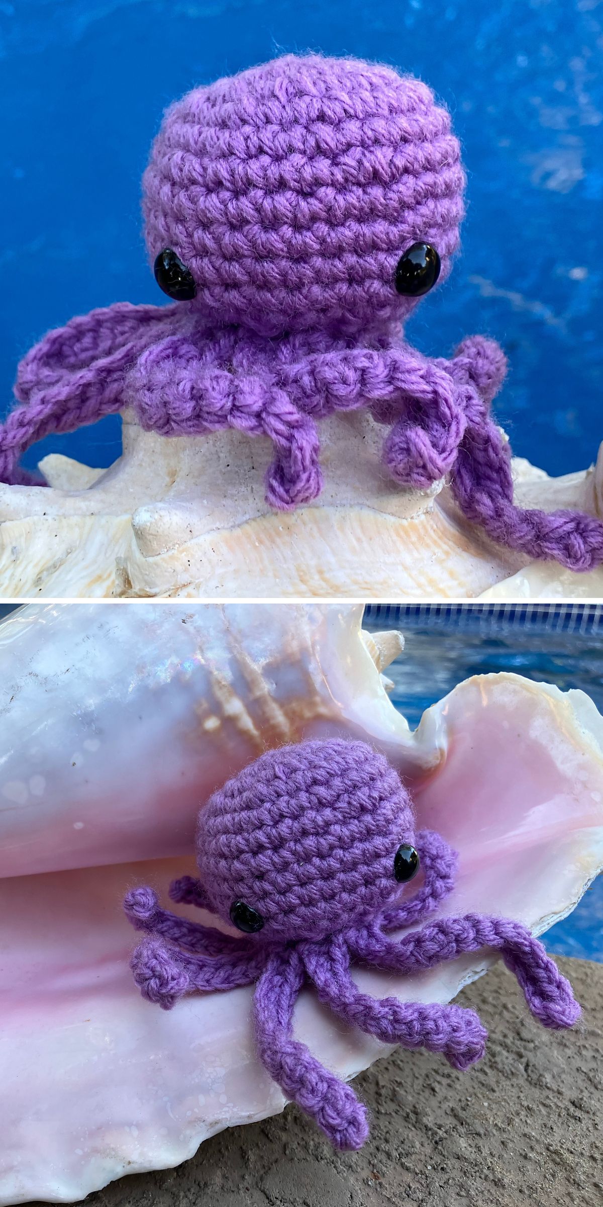 a large crochet octopus in purple