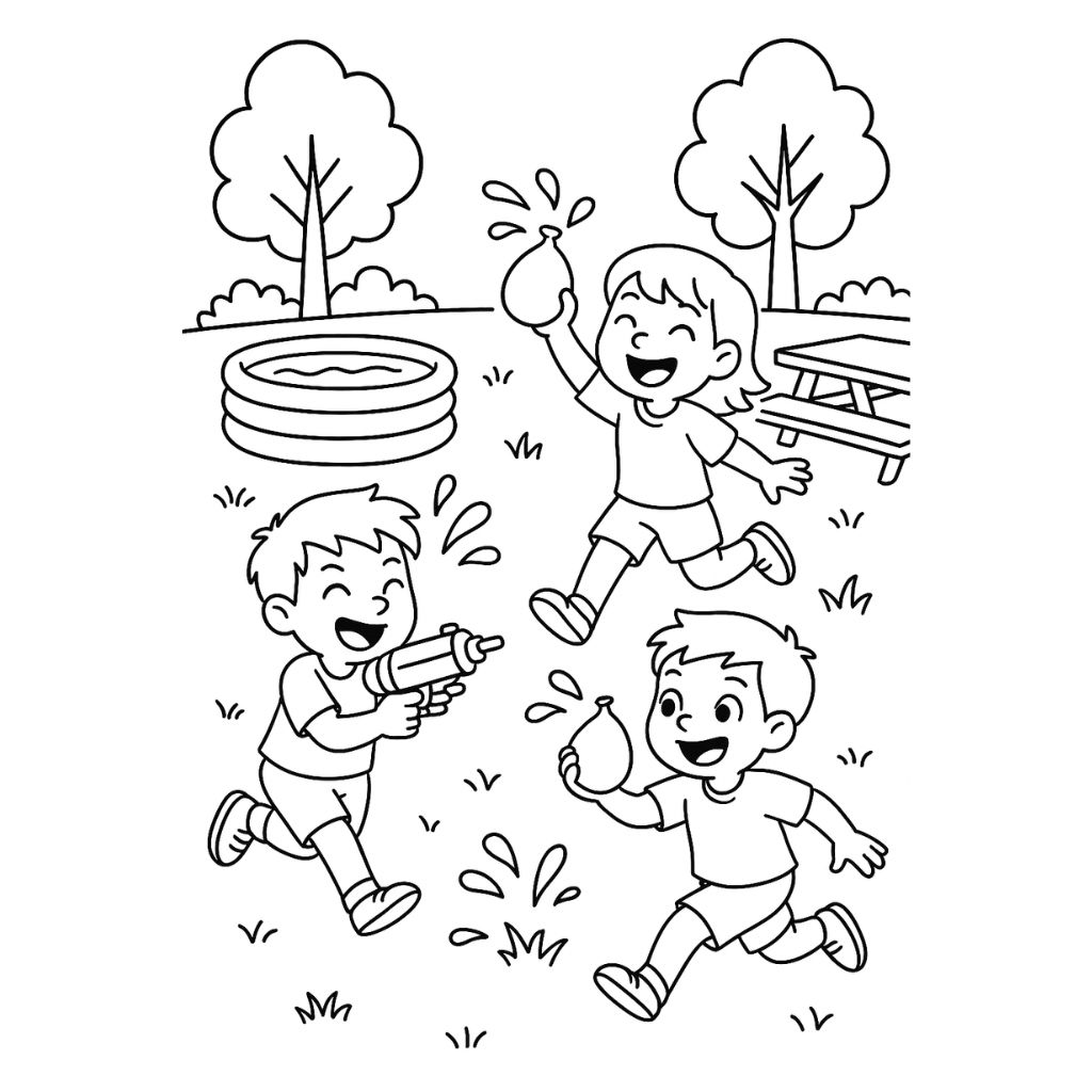Children playing with water balloons in a backyard – free printable summer activity coloring page.