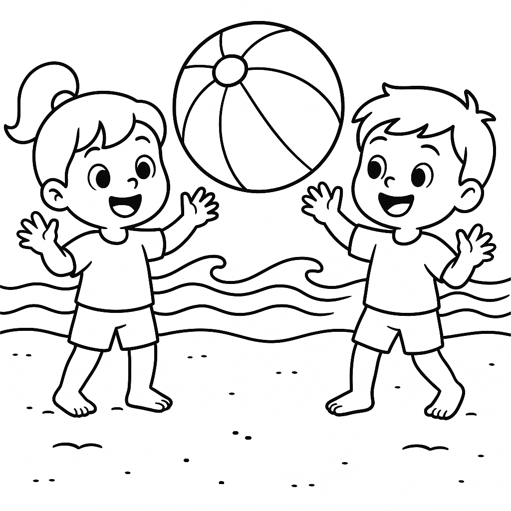 Two children playing with a beach ball near the ocean and palm trees – printable beach coloring sheet for toddlers