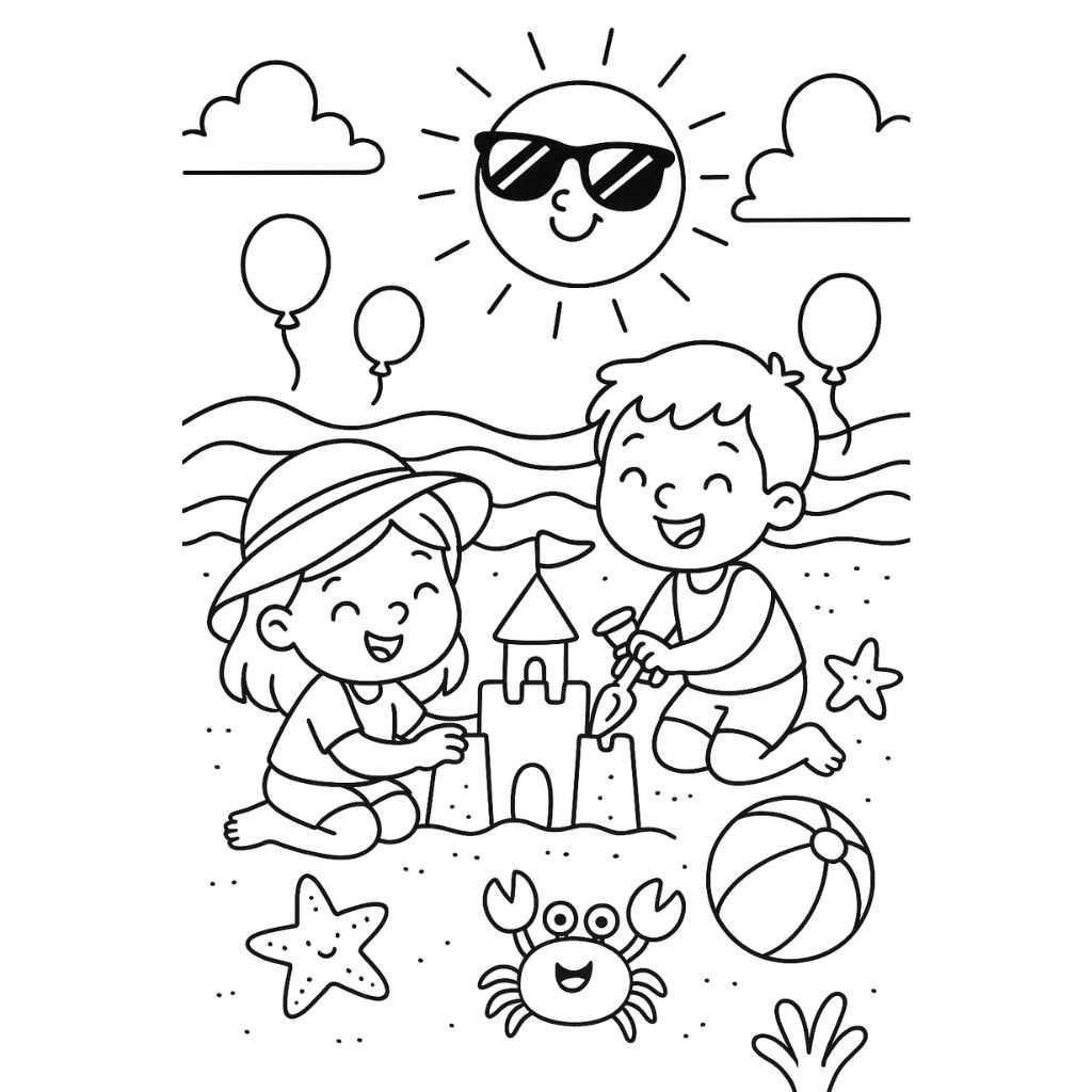 Kids building sandcastles, crab on the sand, and smiling sun – beach-themed summer coloring page.