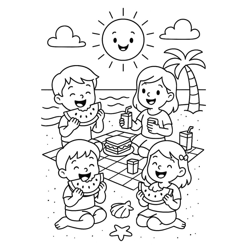 Kids enjoying a picnic with watermelon and juice on a beach blanket under the sun – printable summer coloring page