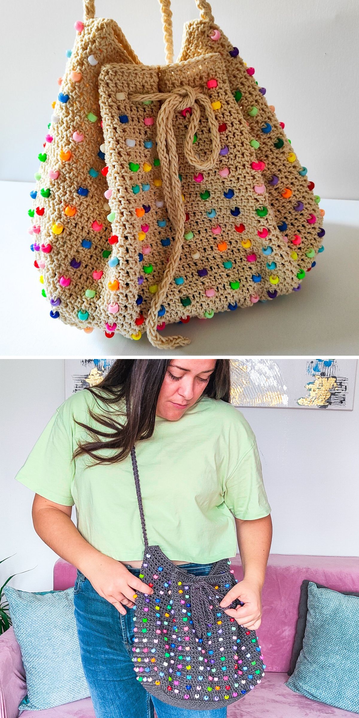 a crochet bucket bag adorned with rainbow-colored beads