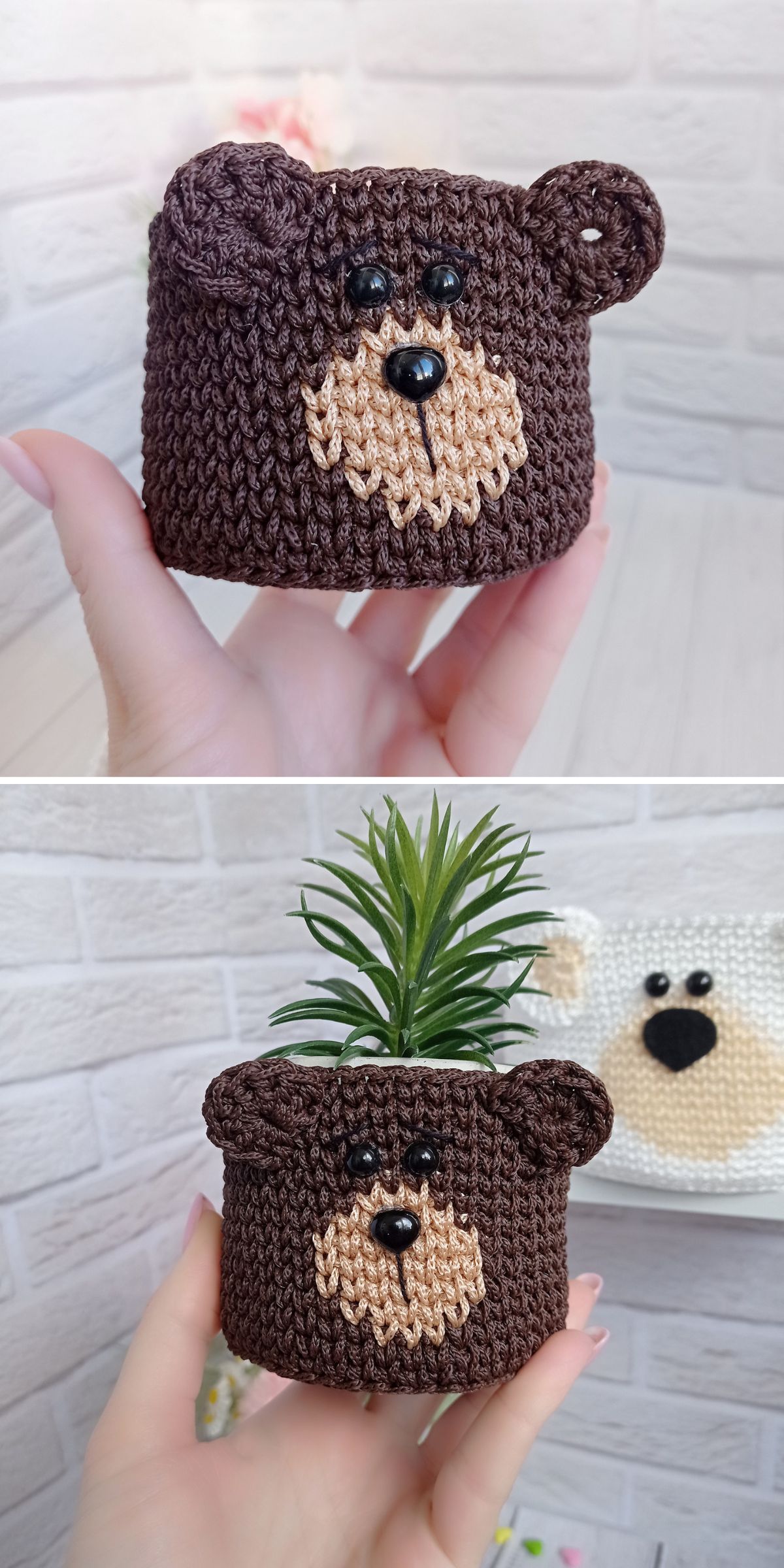 a crocheted container with a bear face and ears