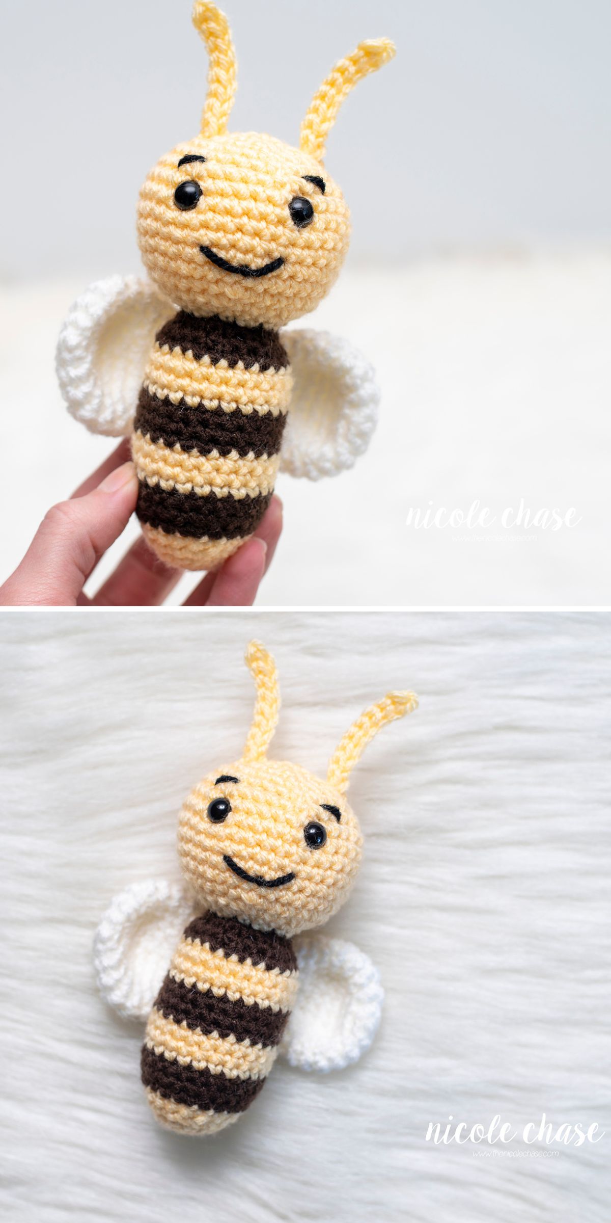 a crochet bee toy with a smile