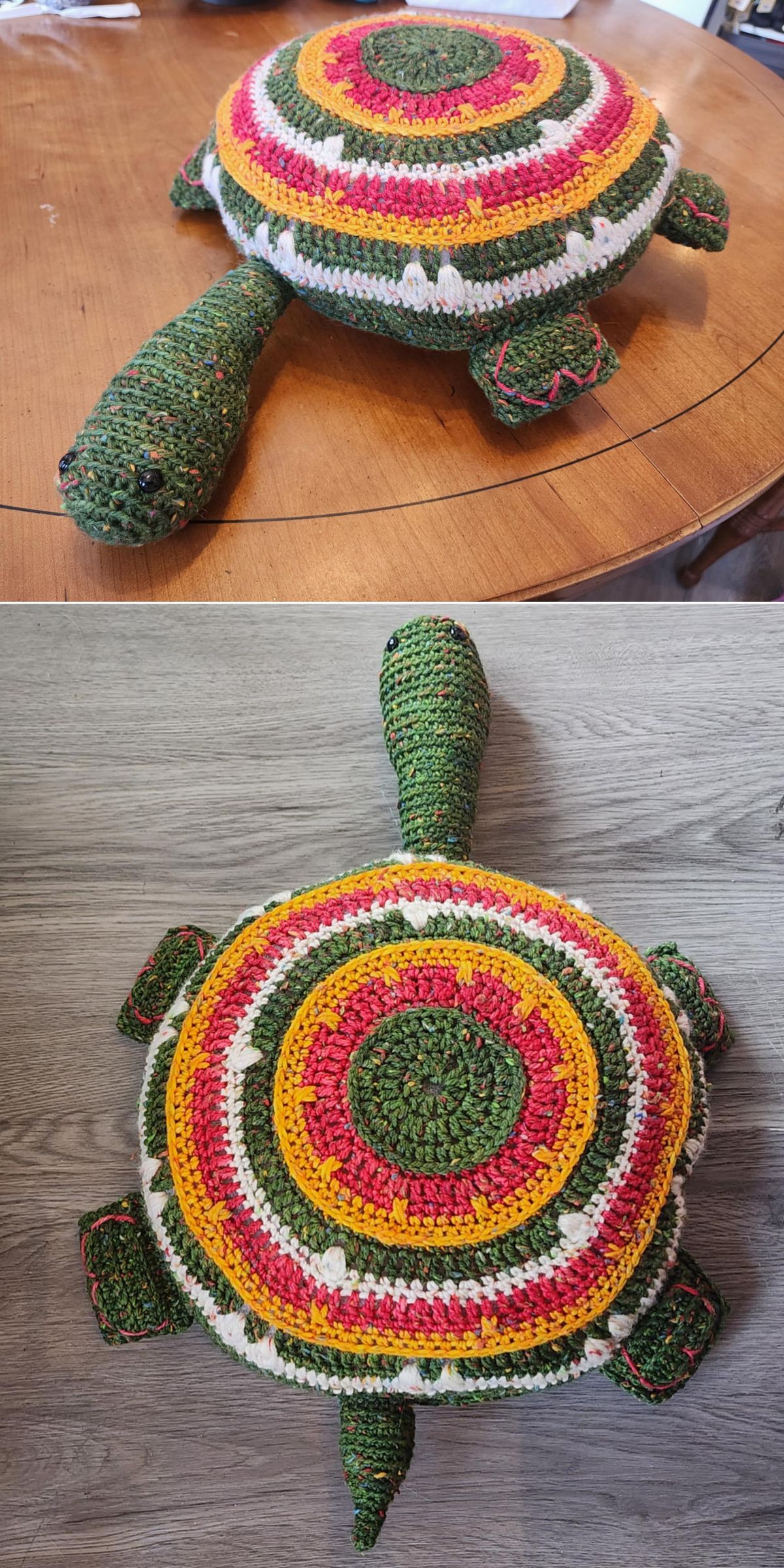 a crochet turtle with a colorful top shell