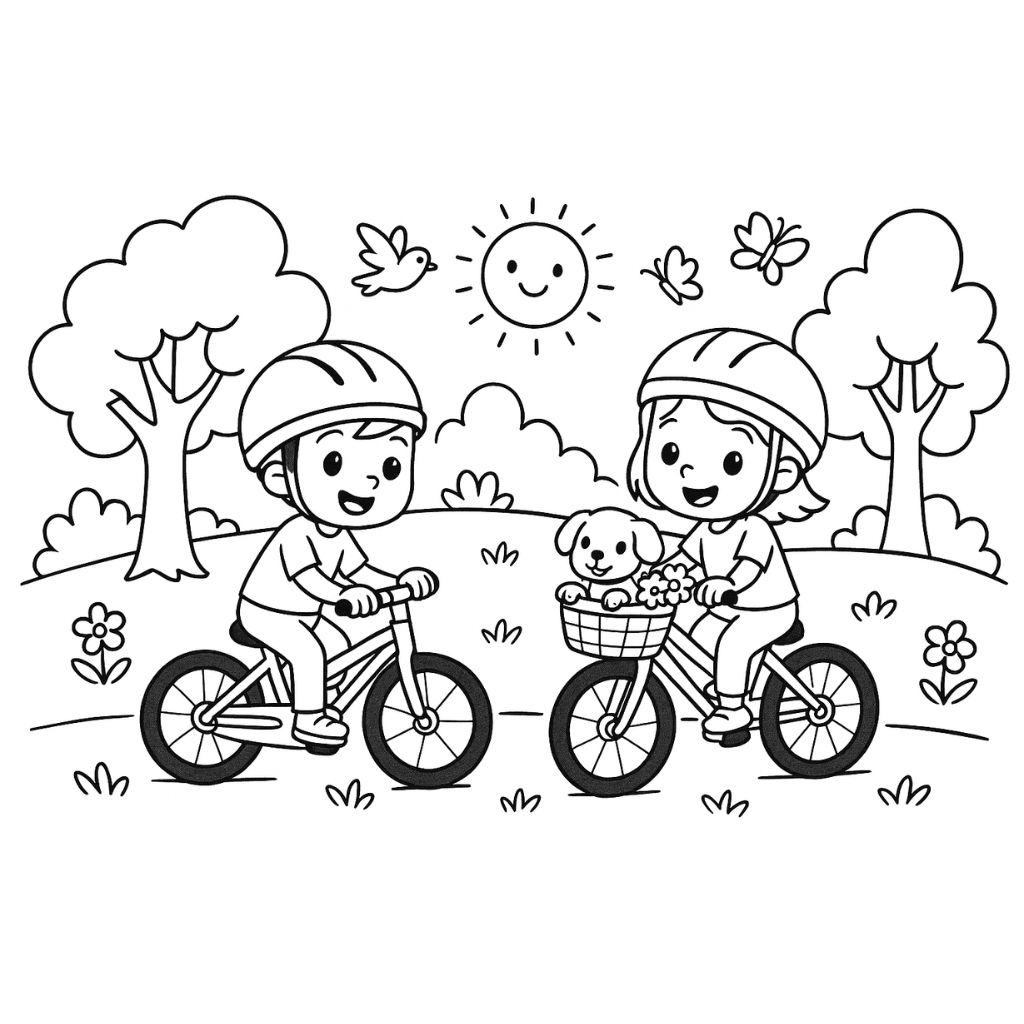 Two smiling kids riding bikes through a sunny park with a dog and butterflies – summer coloring page for toddlers.