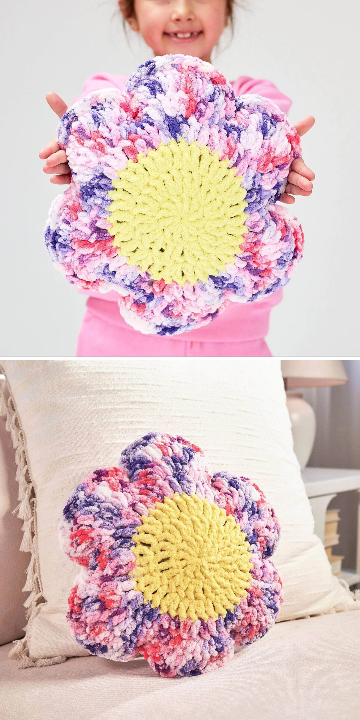 a chunky crochet pillow shaped like a flower