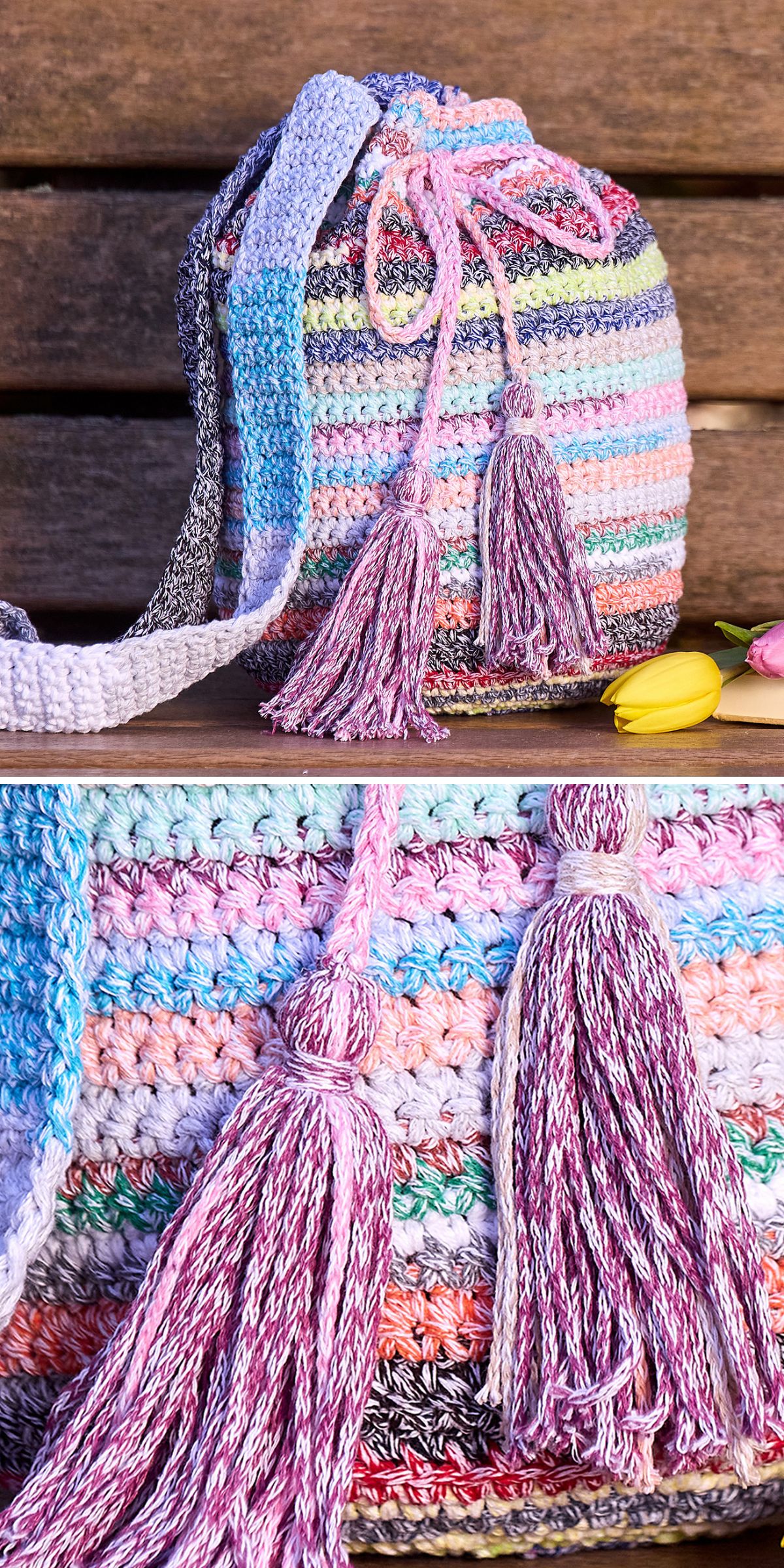 a beautiful striped crochet bucket bag with drawstring tie tassels