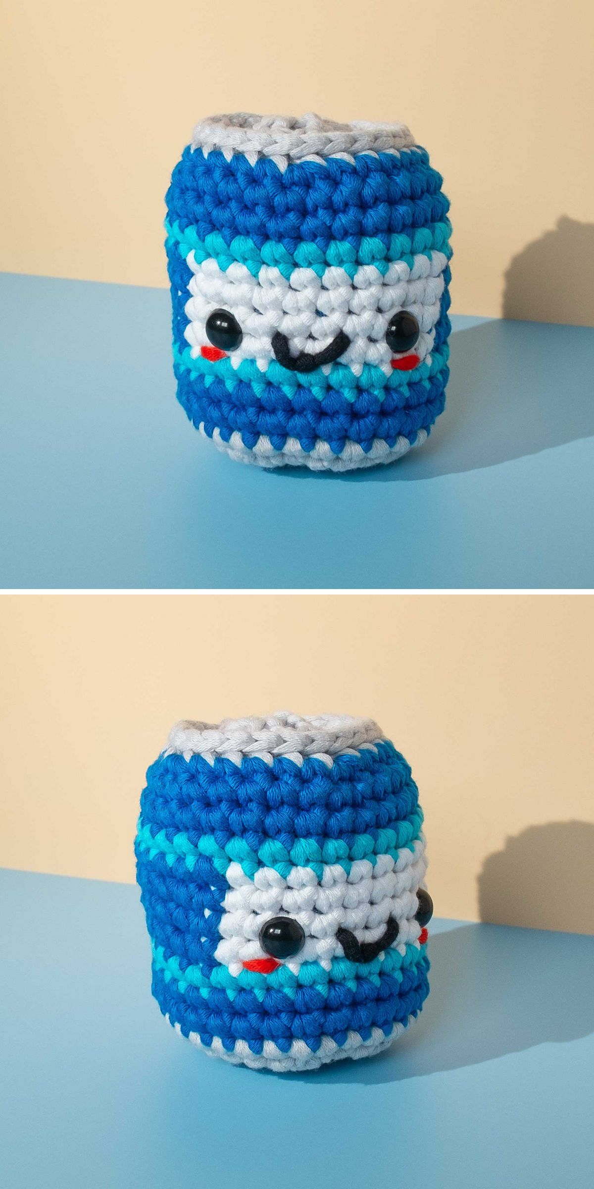 a crochet beer can with a smiling face