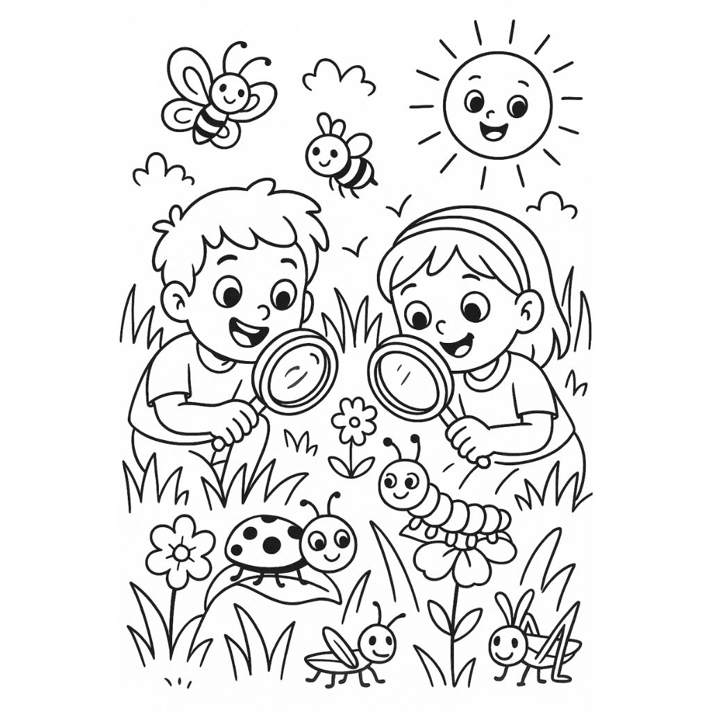 Ladybugs, caterpillars, and grasshoppers in a garden – nature-themed summer coloring page for preschoolers.
