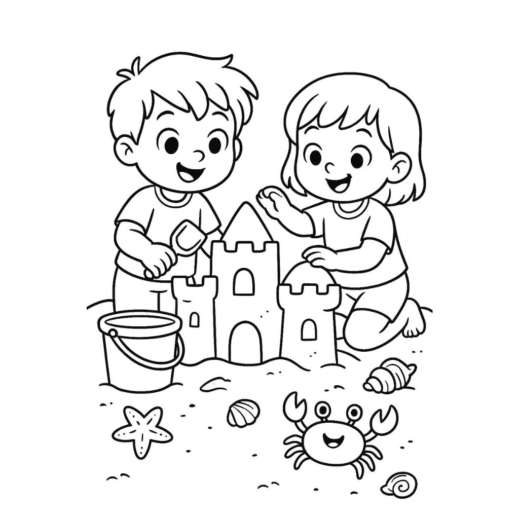 Kids building a large sandcastle on the beach with buckets, shovels, and seashells – beach coloring page for kids