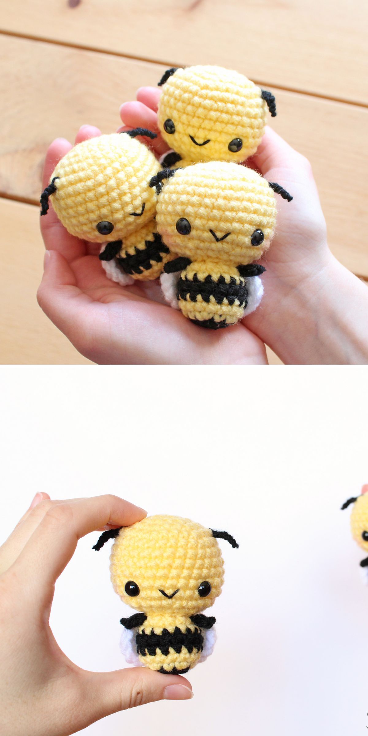 a collection of tiny crochet bee amigurumi with smiley faces