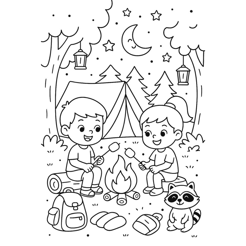 Children around a campfire with marshmallows, tent, and night sky – printable summer camping coloring sheet.