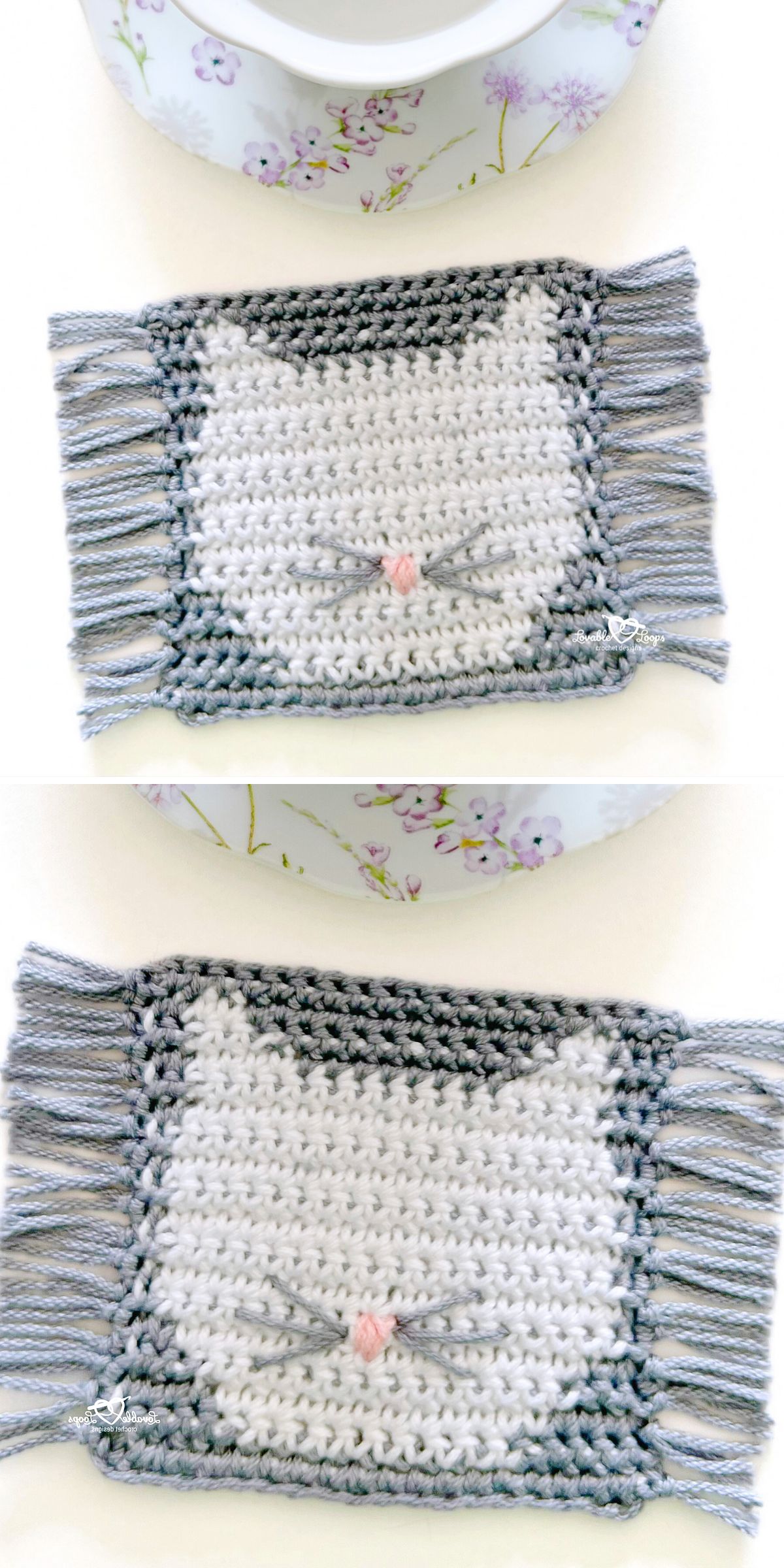 a square crochet coaster with tassels and cat design