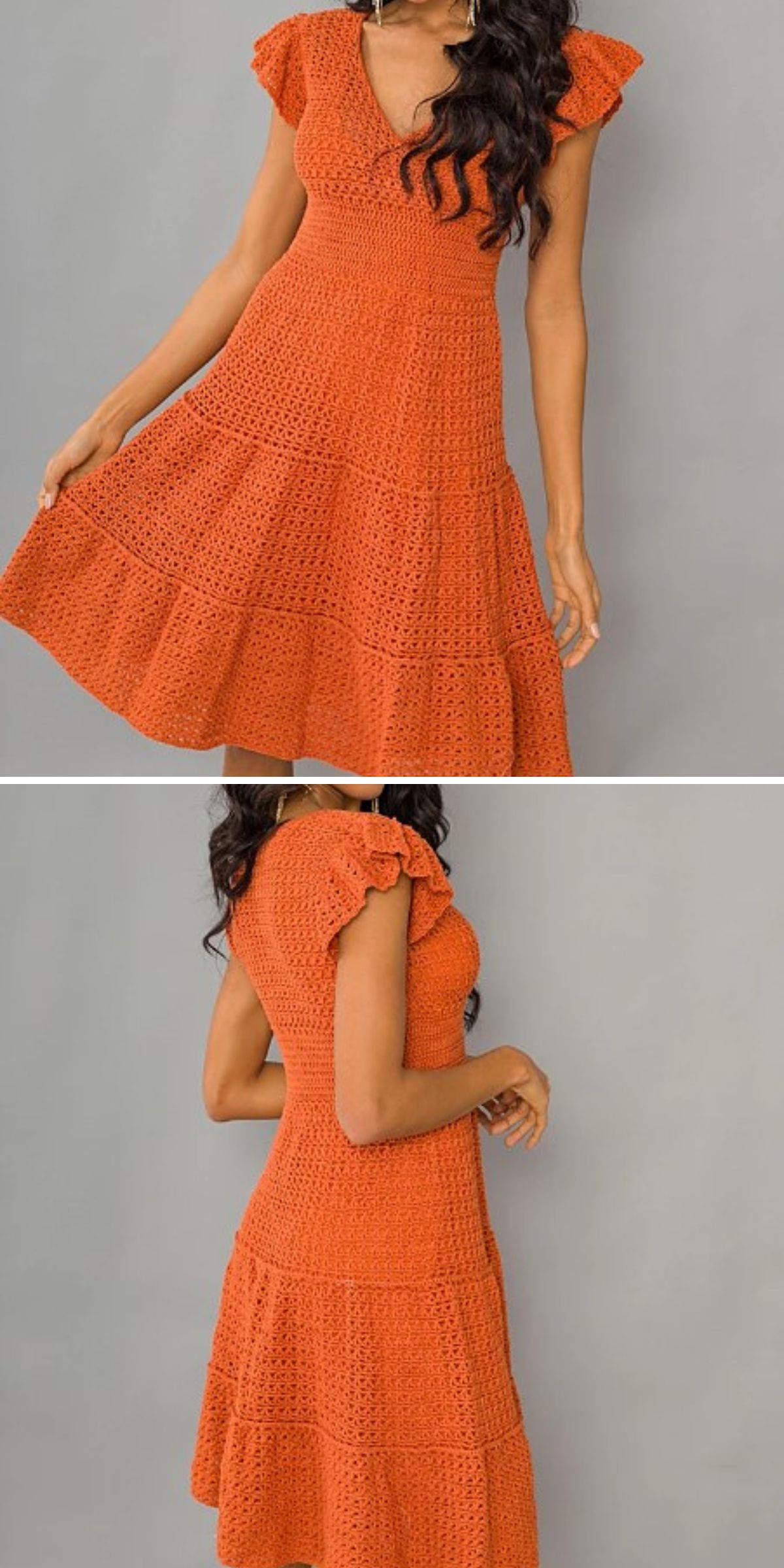 a woman wearing crochet dress in an orange color