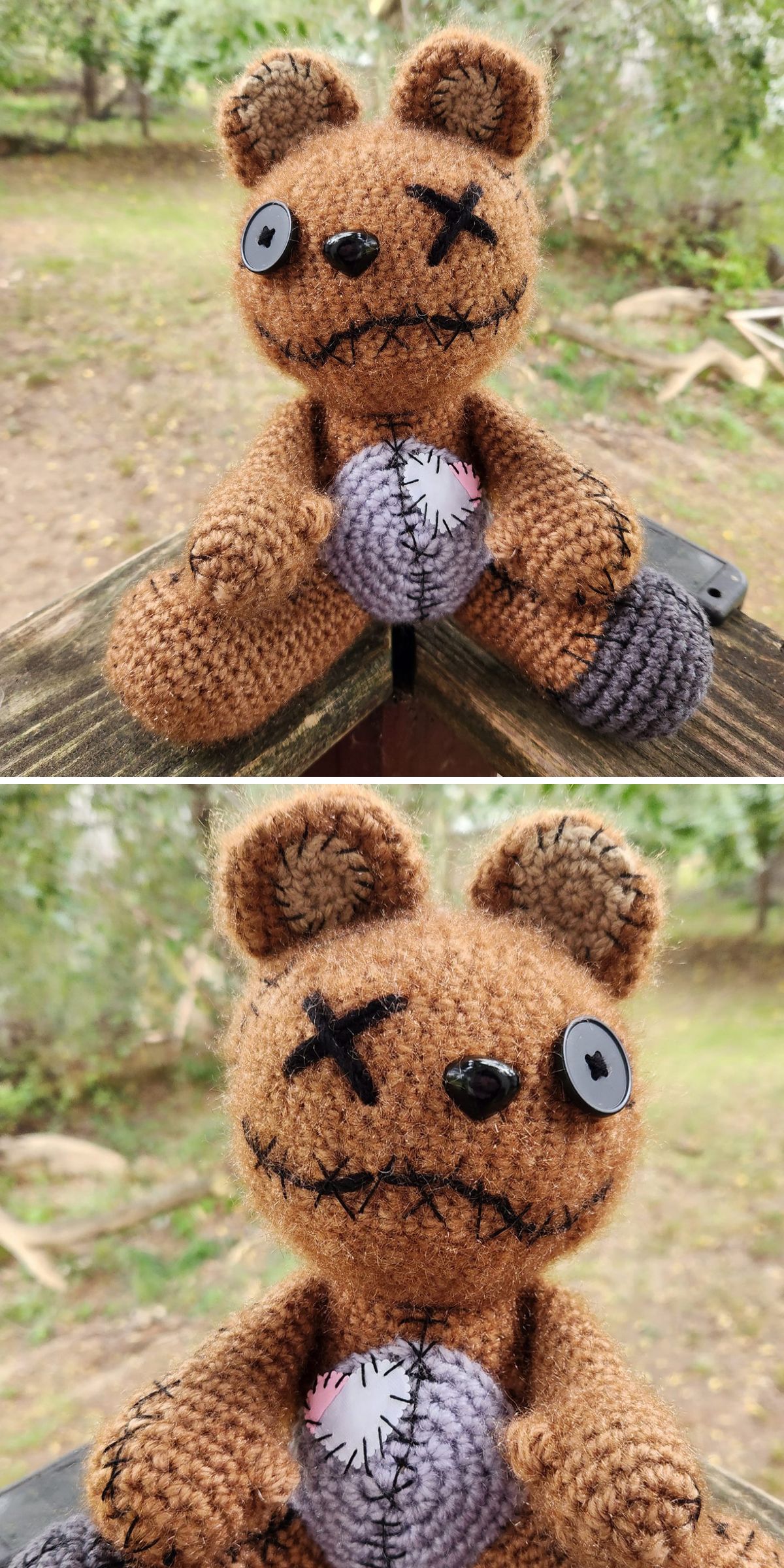 a crochet bear plushie with a spooky design