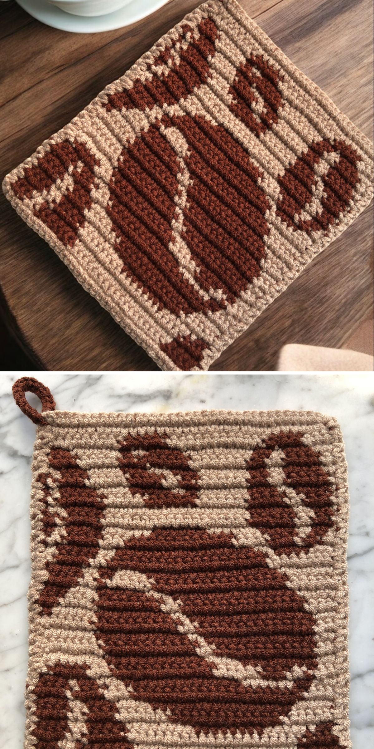 a light brown crochet potholder with dark brown coffee bean motifs