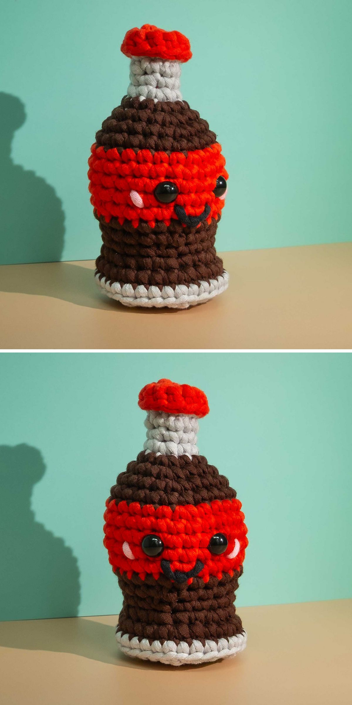a crochet Coca-Cola bottle amigurumi